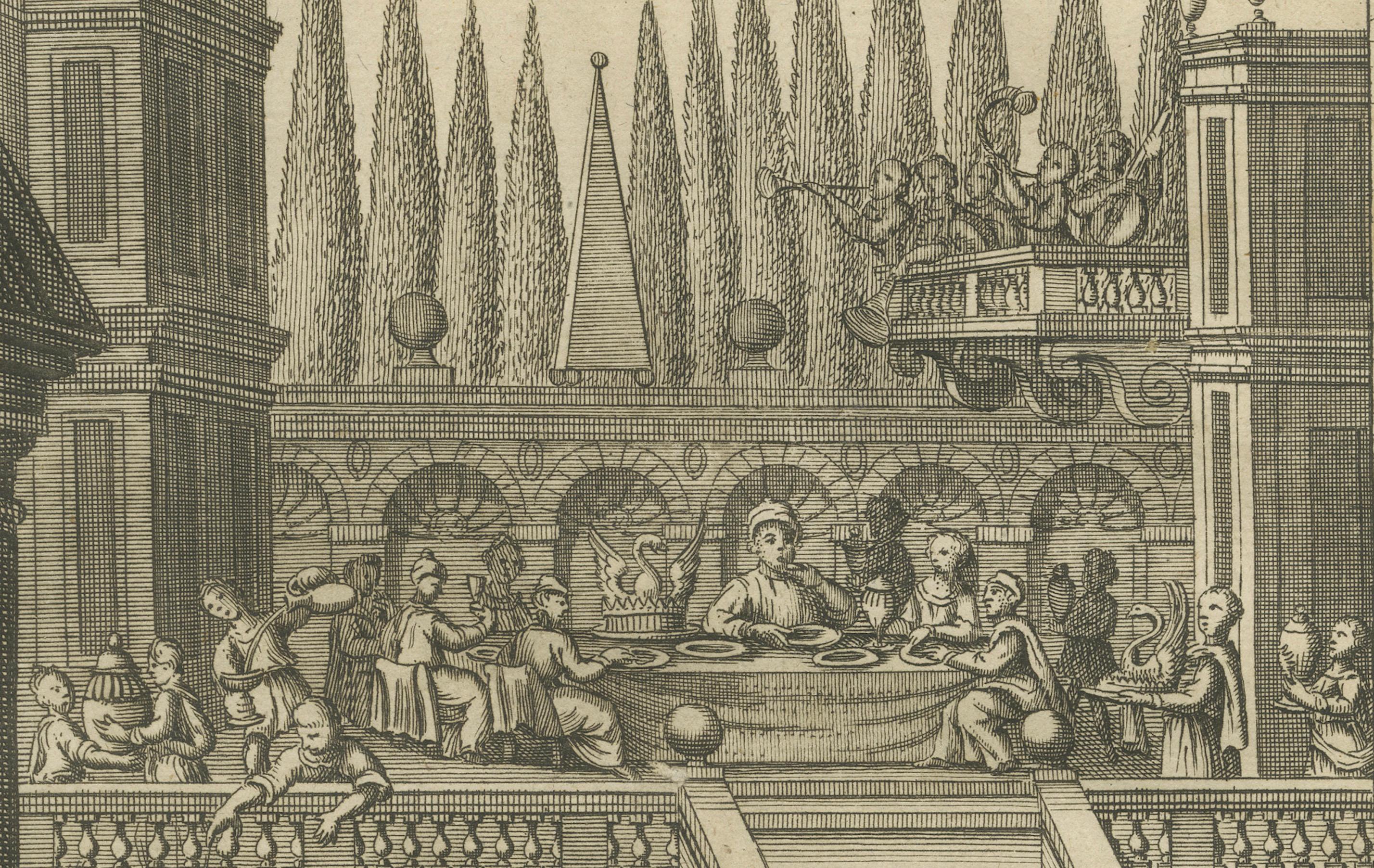 The Rich Glutton and Lazarus Engraving – Luke XVI Biblical Scene 1735

This antique engraving depicts the parable of the Rich Man and Lazarus from the Gospel of Luke, Chapter 16, published in 1735. In the foreground lies Lazarus, the destitute