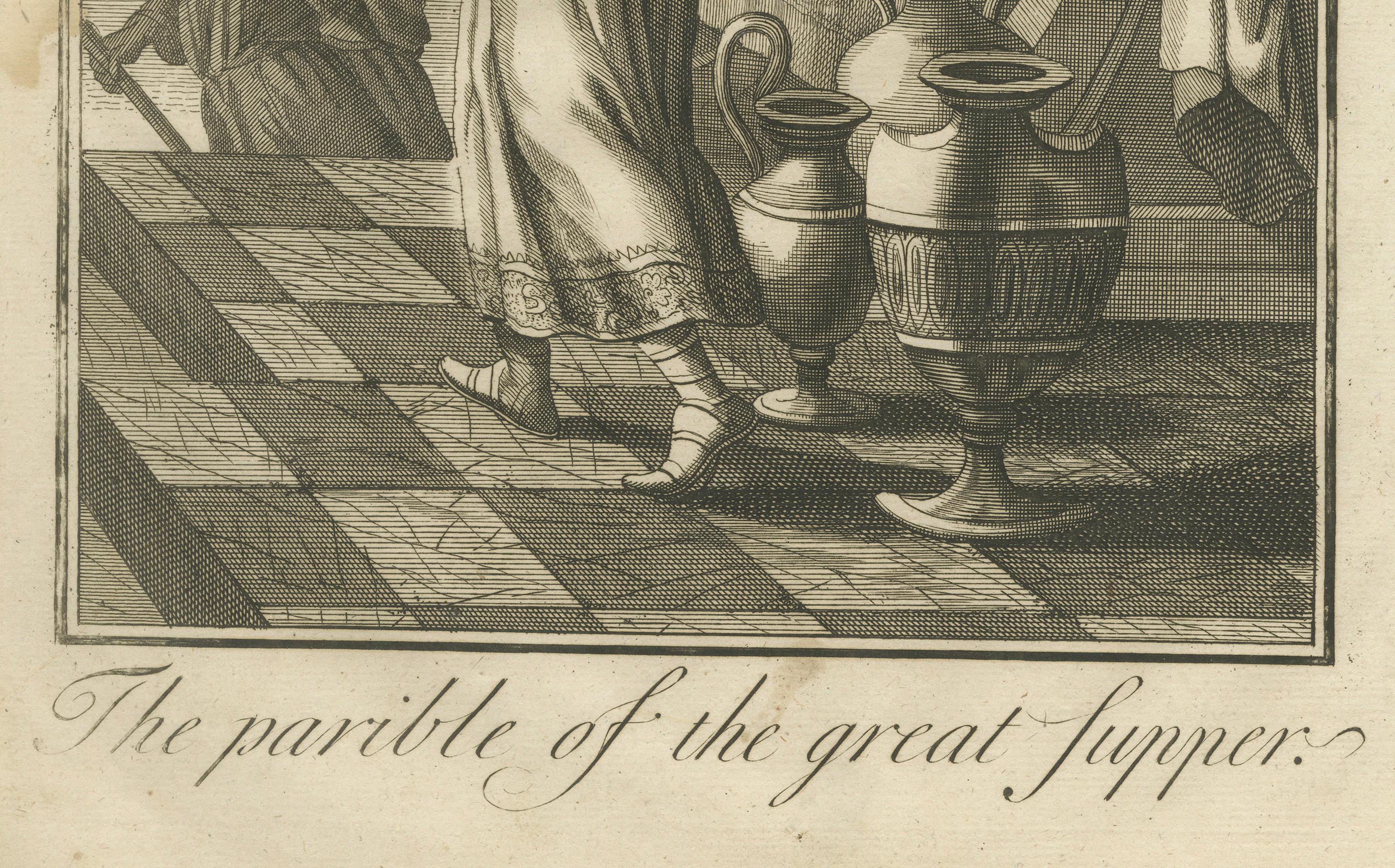 The Great Supper Engraving – Luke XIV Parable Scene 1735

This antique engraving illustrates the Parable of the Great Supper from the Gospel of Luke, Chapter 14, published in 1735. The scene captures the moment when the servant, dressed in a