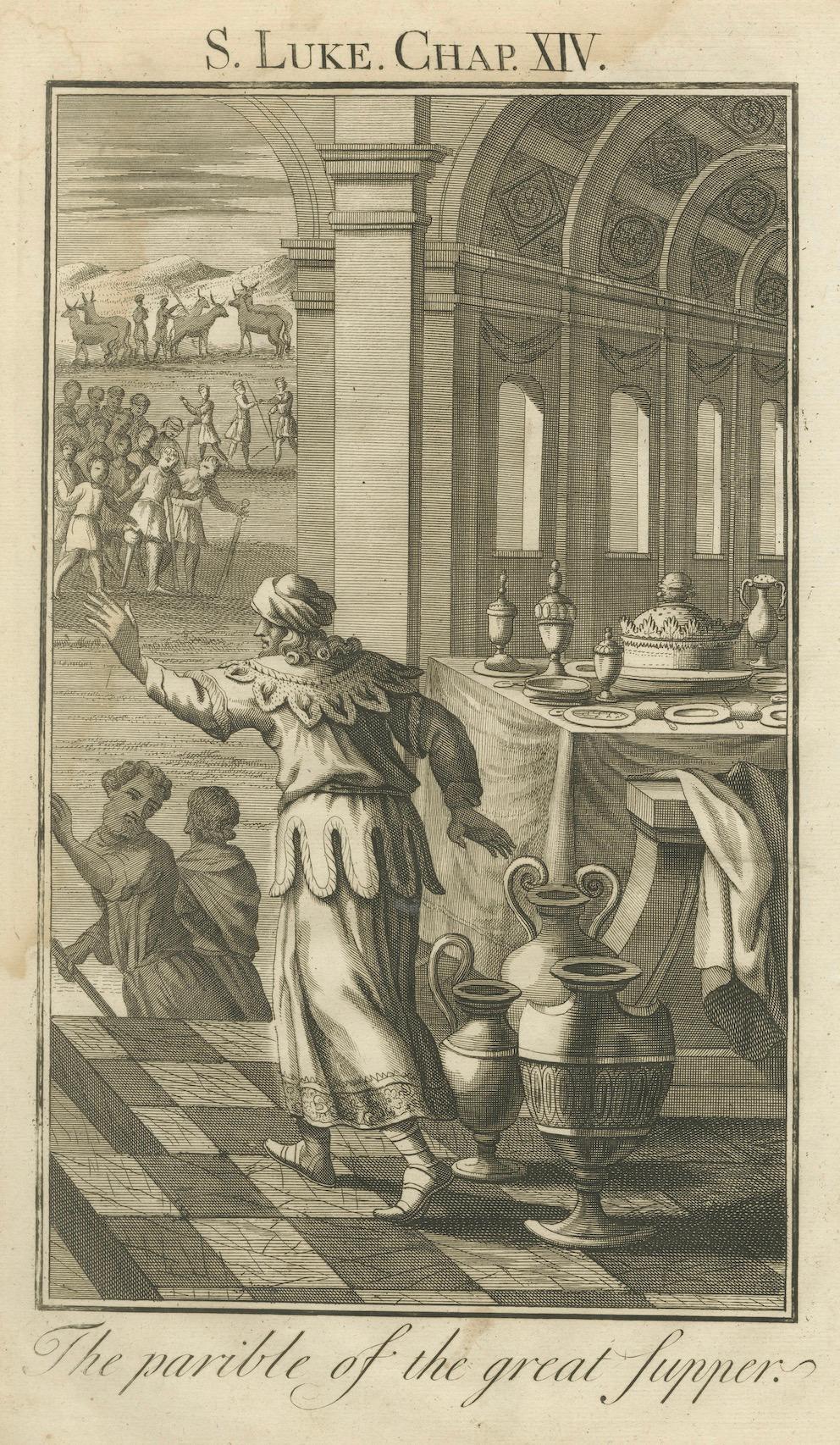 Mid-18th Century The Great Supper Engraving – Luke XIV Parable Scene 1735 For Sale