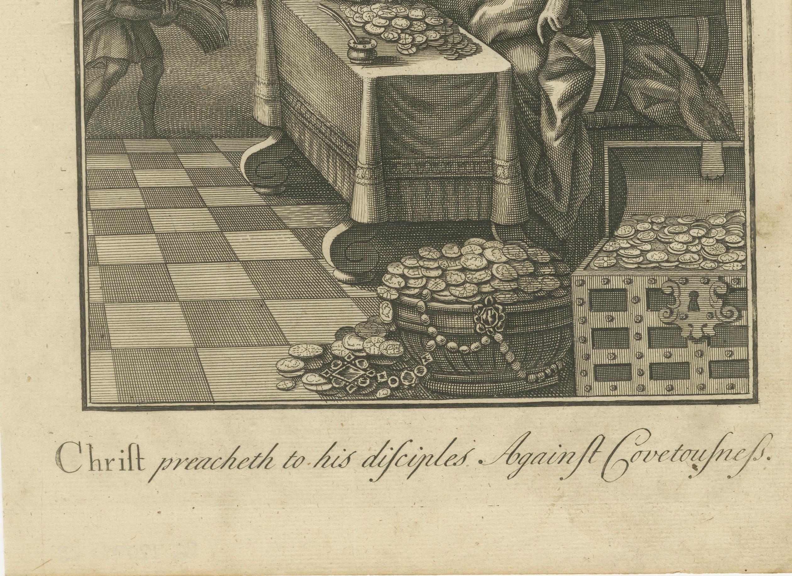 Gleichnis vom reichen Narren Kupferstich - Lukas XII Begehrlichkeit 1735

Dieser antike Kupferstich illustriert das Gleichnis vom reichen Narren aus dem Lukasevangelium, Kapitel 12, veröffentlicht im Jahr 1735. Das Bild zeigt einen wohlhabenden