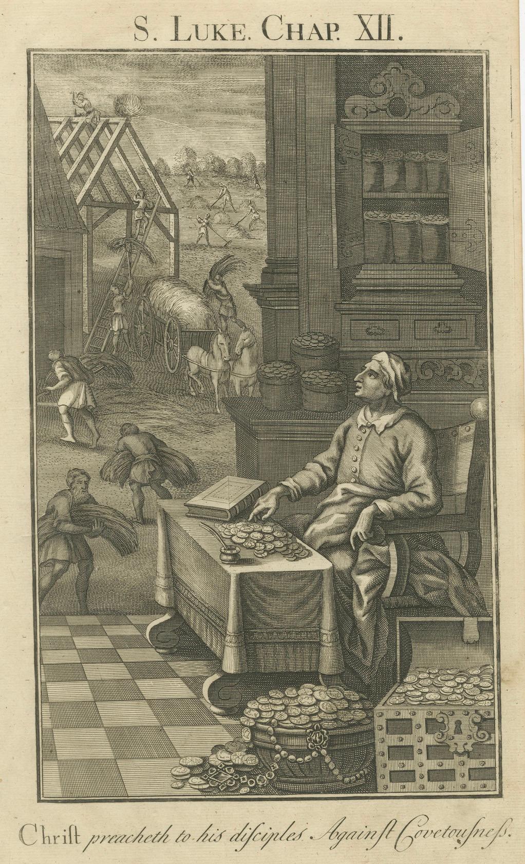 Gleichnis vom reichen Narren Kupferstich - Lukas XII Begehrlichkeit 1735 im Angebot 3