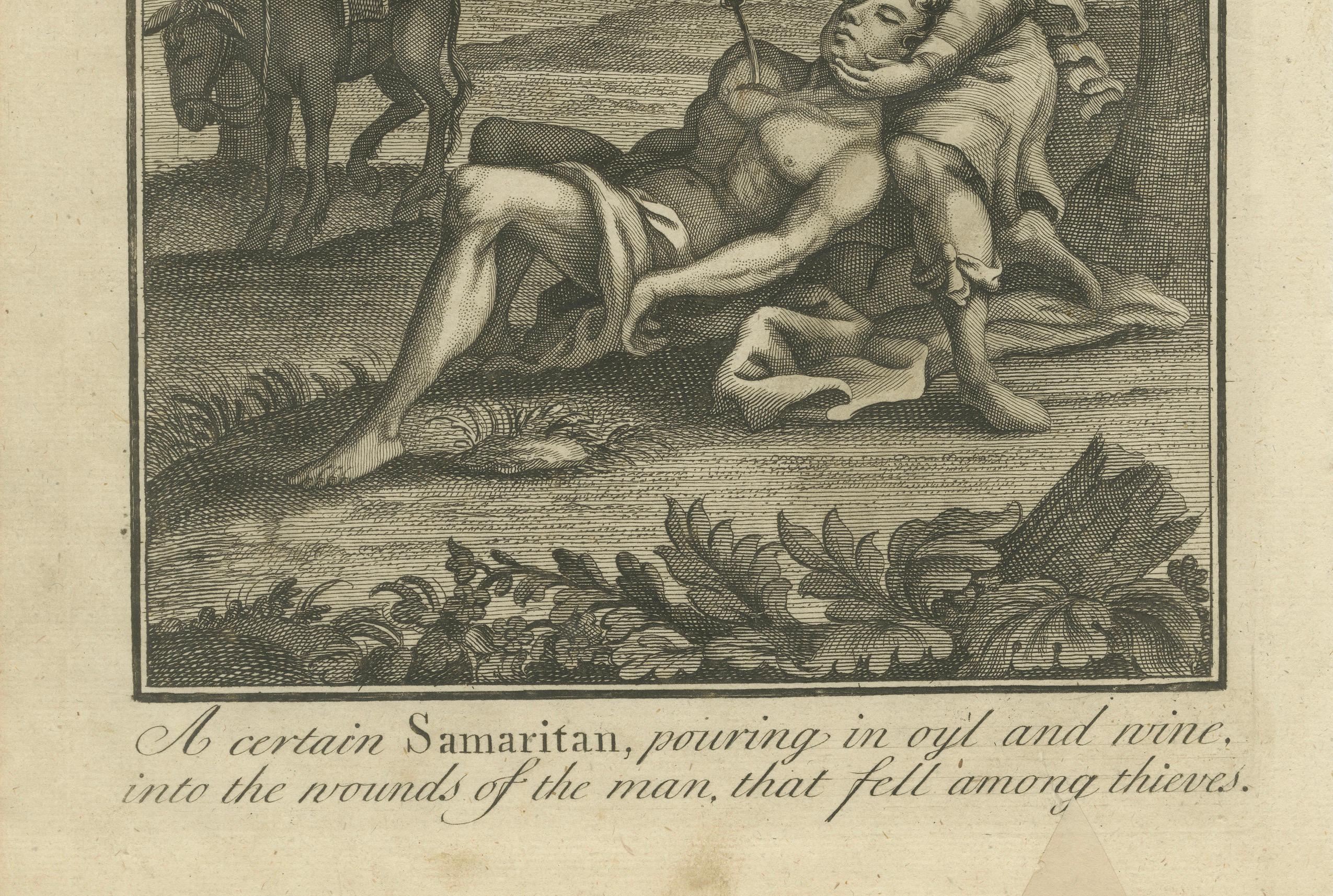 Stich des barmherzigen Samariters - Lukas X. hilft dem Verletzten 1735

Dieser antike Stich illustriert das Gleichnis vom barmherzigen Samariter aus dem Lukasevangelium, Kapitel 10, veröffentlicht im Jahr 1735. Die Szene zeigt den barmherzigen
