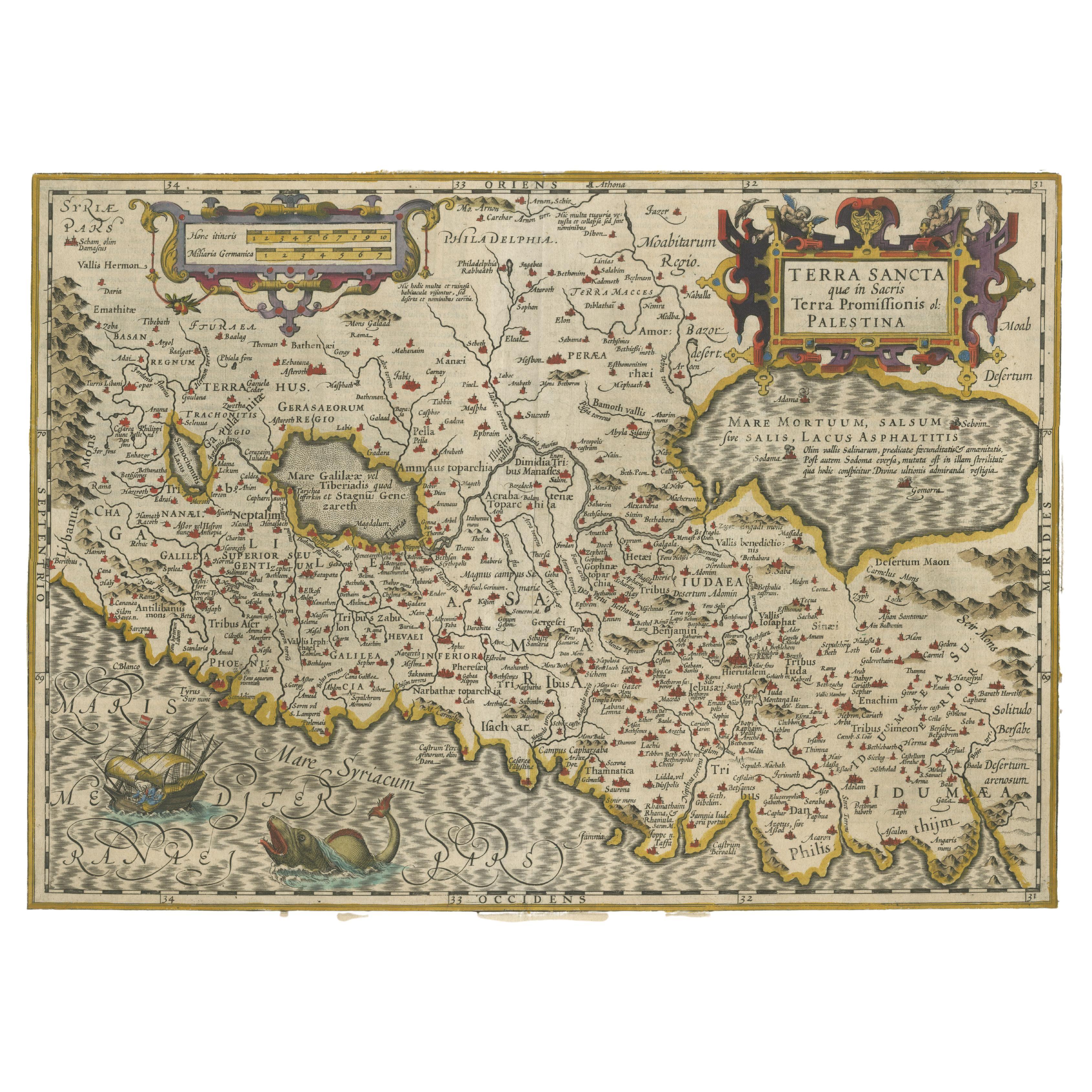 Holy Land Map – Terra Sancta Palestina, Hondius, Hand-Colored Engraving c.1620