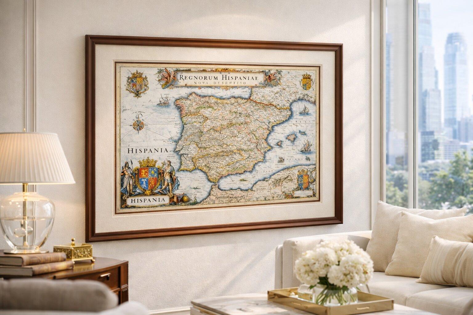 Antique Blaeu Map of Spain & Portugal “Hispania”, Cartouche, c.1642