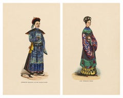 Chinese Costumes Pair, Antique Hand-Colored Engravings, Dutch, 1854