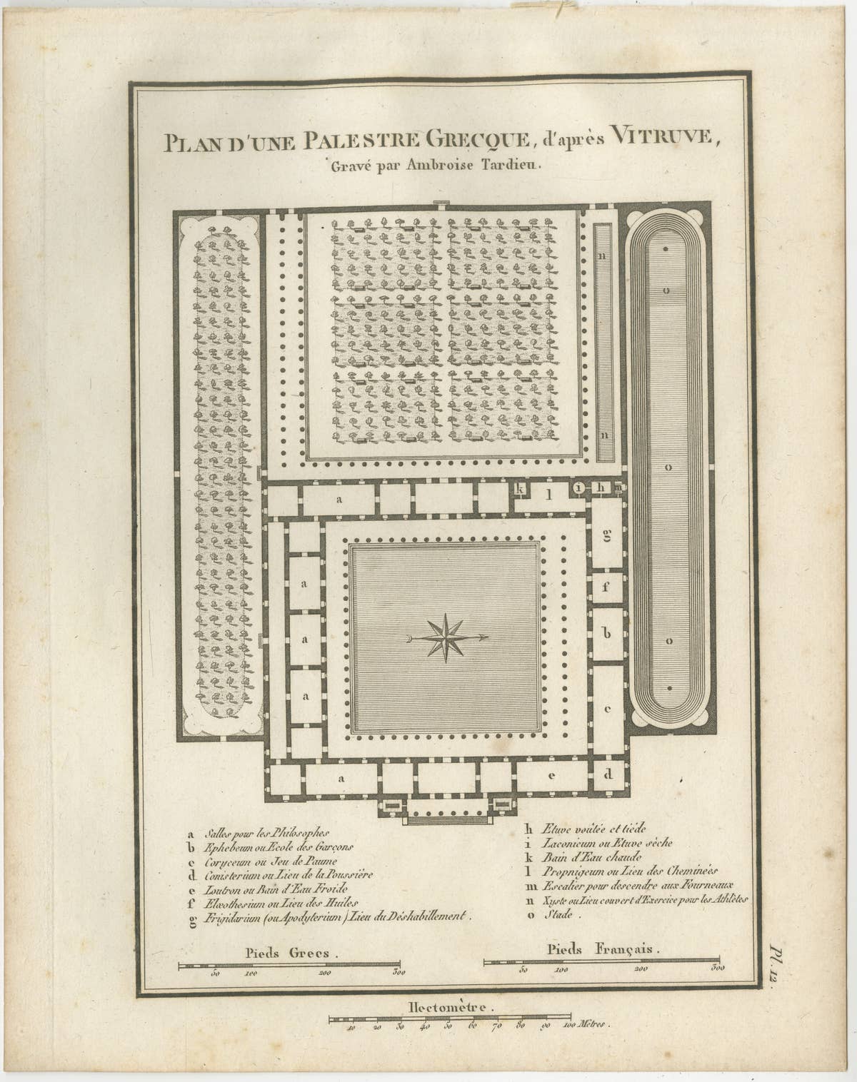 Ancient Greek Gymnasium and Palaestra Plan after Vitruvius, Tardieu, 1825