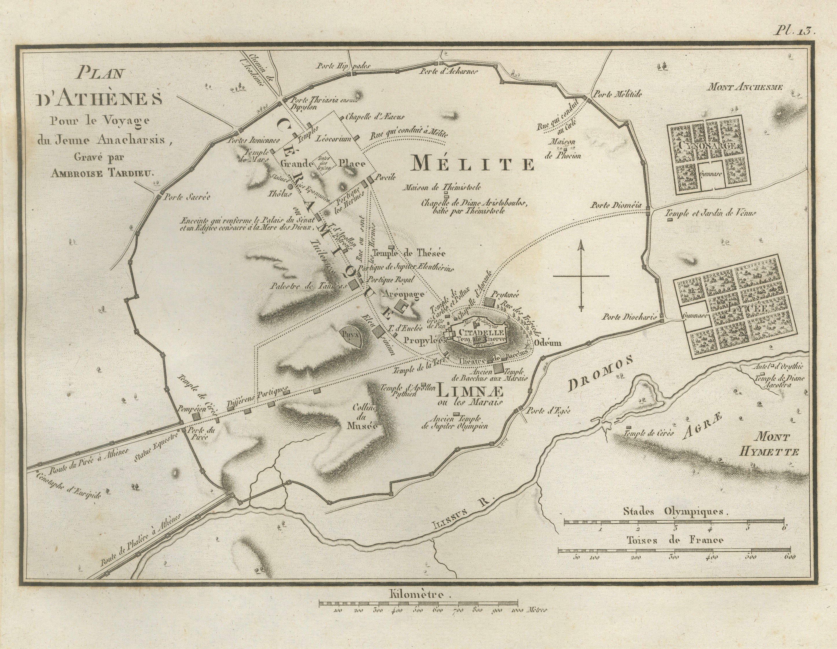 Ancient Athens City Plan with Acropolis by Ambroise Tardieu, 1825
