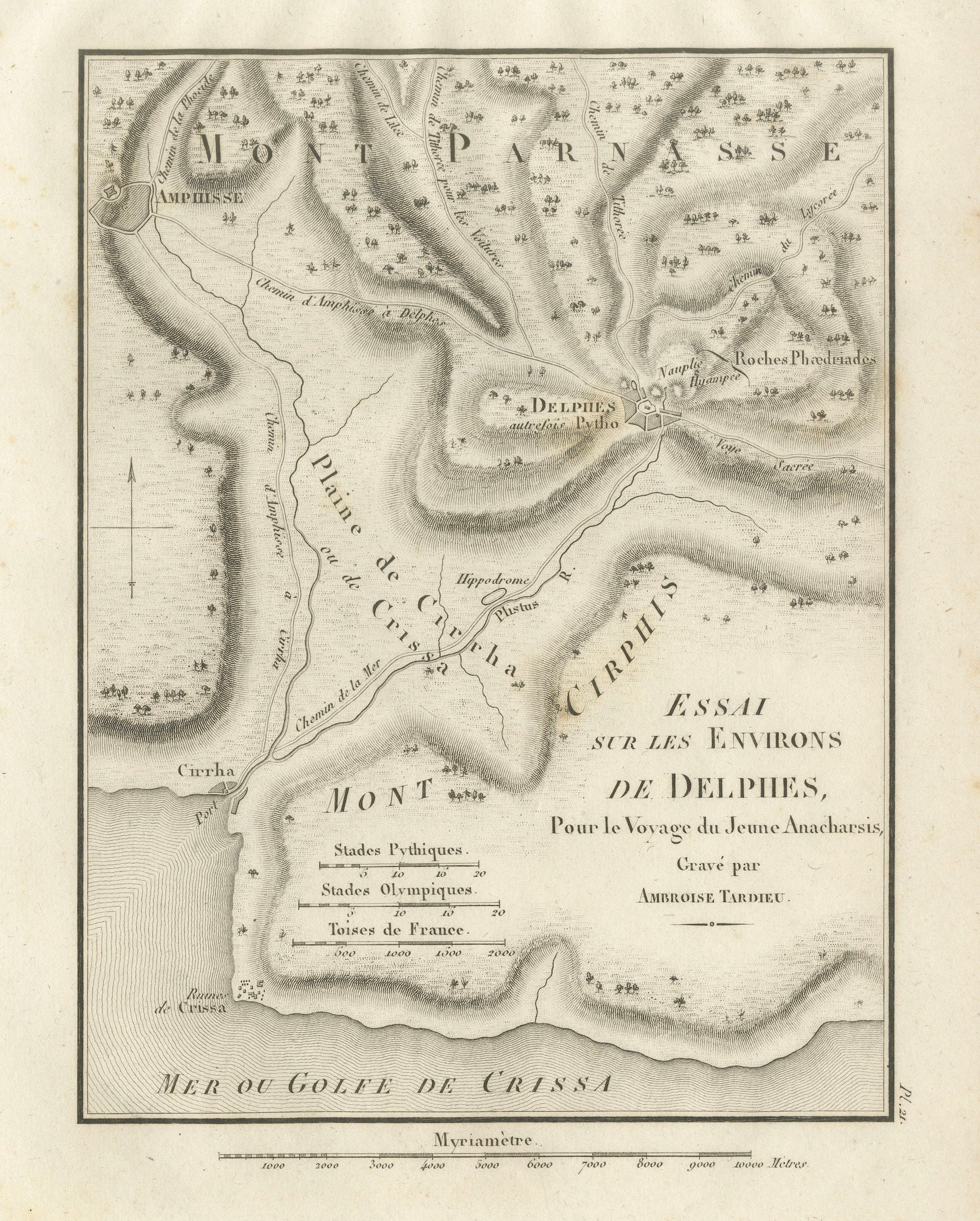 Antique Map of Delphi and Mount Parnassus by Ambroise Tardieu, 1825