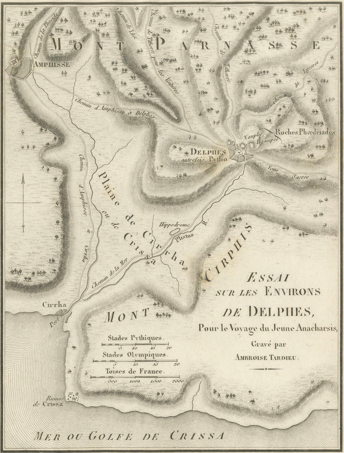 Antique Map of Delphi and Mount Parnassus by Ambroise Tardieu, 1825