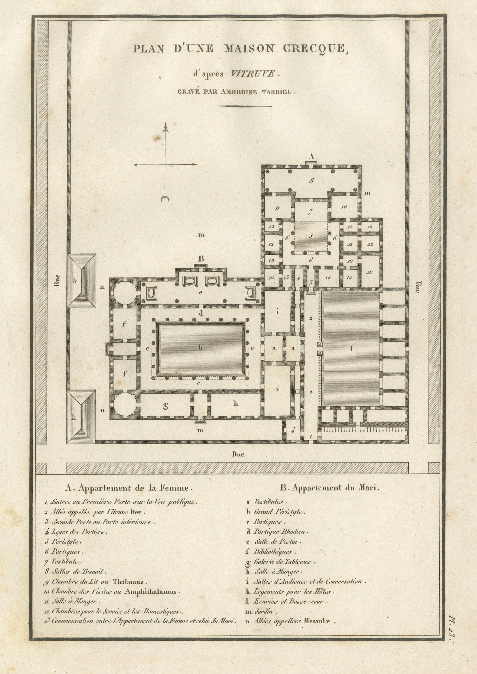 Ancient Greek House Architectural Plan after Vitruvius, Tardieu, 1825