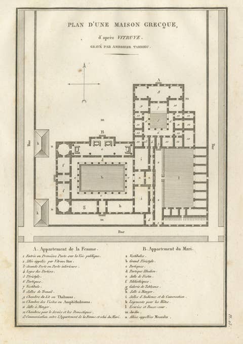 Ancient Greek House Architectural Plan after Vitruvius, Tardieu, 1825