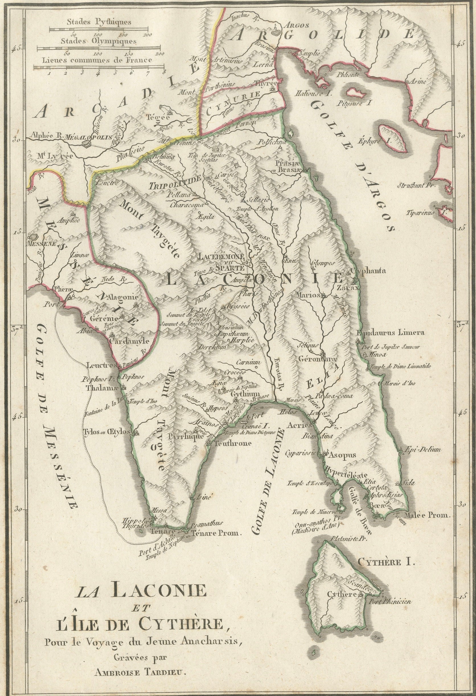 Antique Map of Laconia, Sparta and Cythera by Ambroise Tardieu, 1825