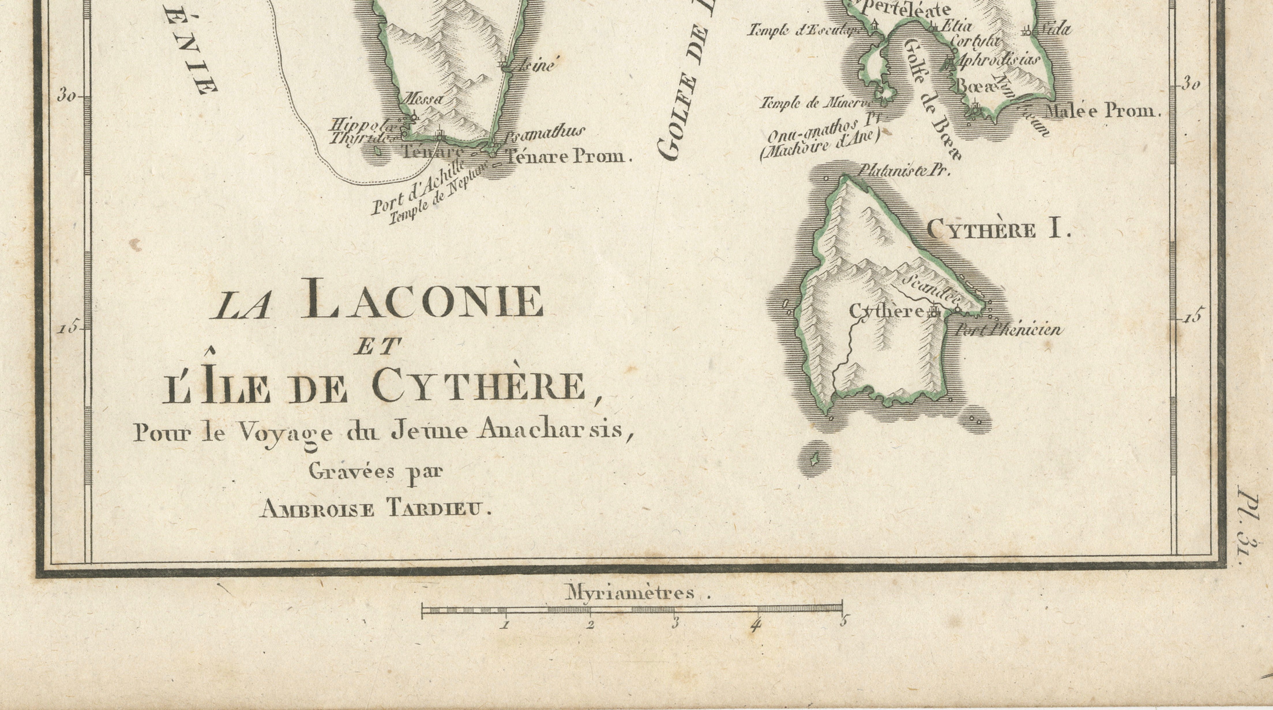 Antique Map of Laconia, Sparta and Cythera by Ambroise Tardieu, 1825