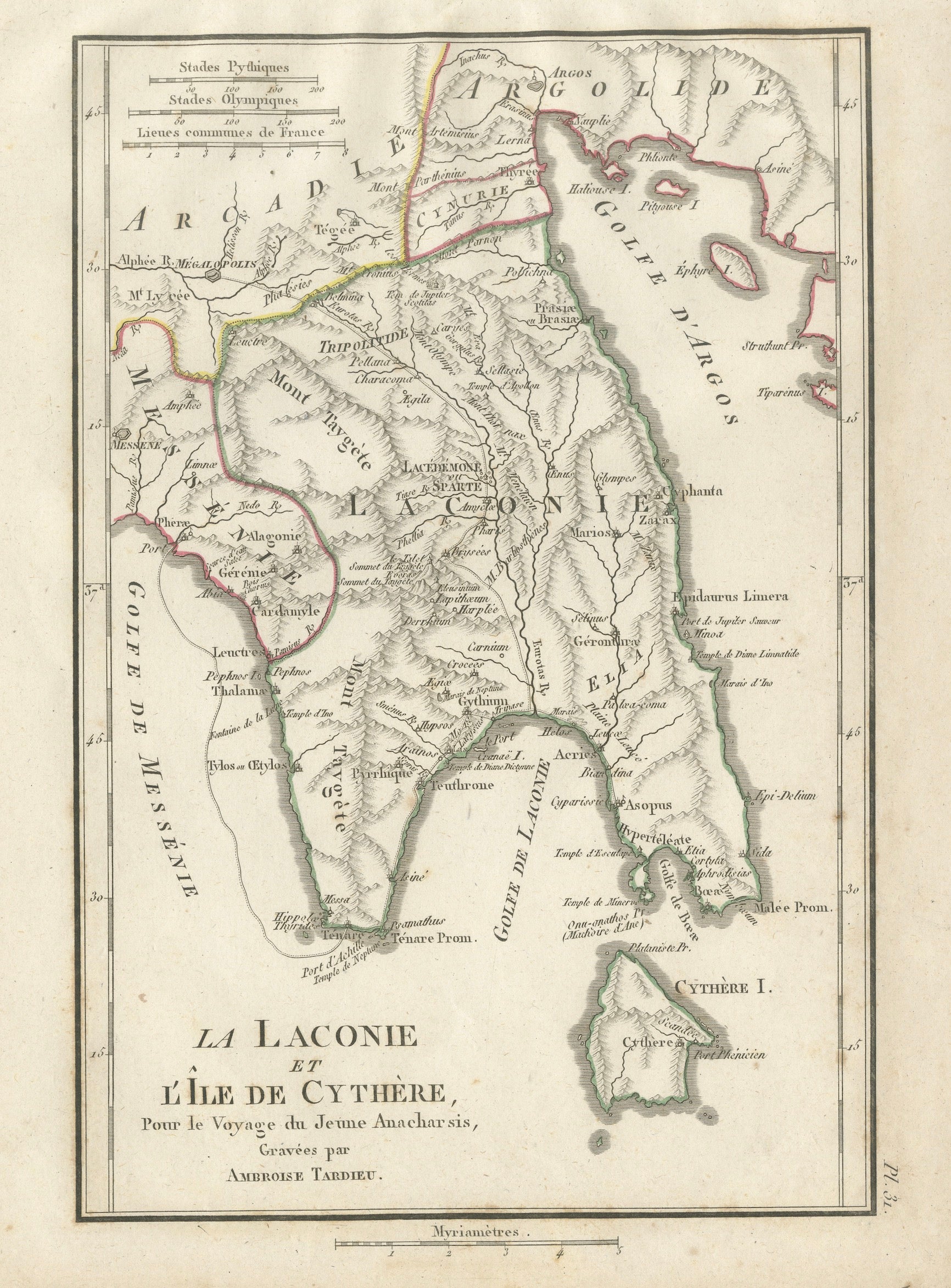 Antique Map of Laconia, Sparta and Cythera by Ambroise Tardieu, 1825