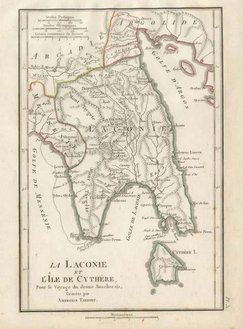 Antique Map of Laconia, Sparta and Cythera by Ambroise Tardieu, 1825