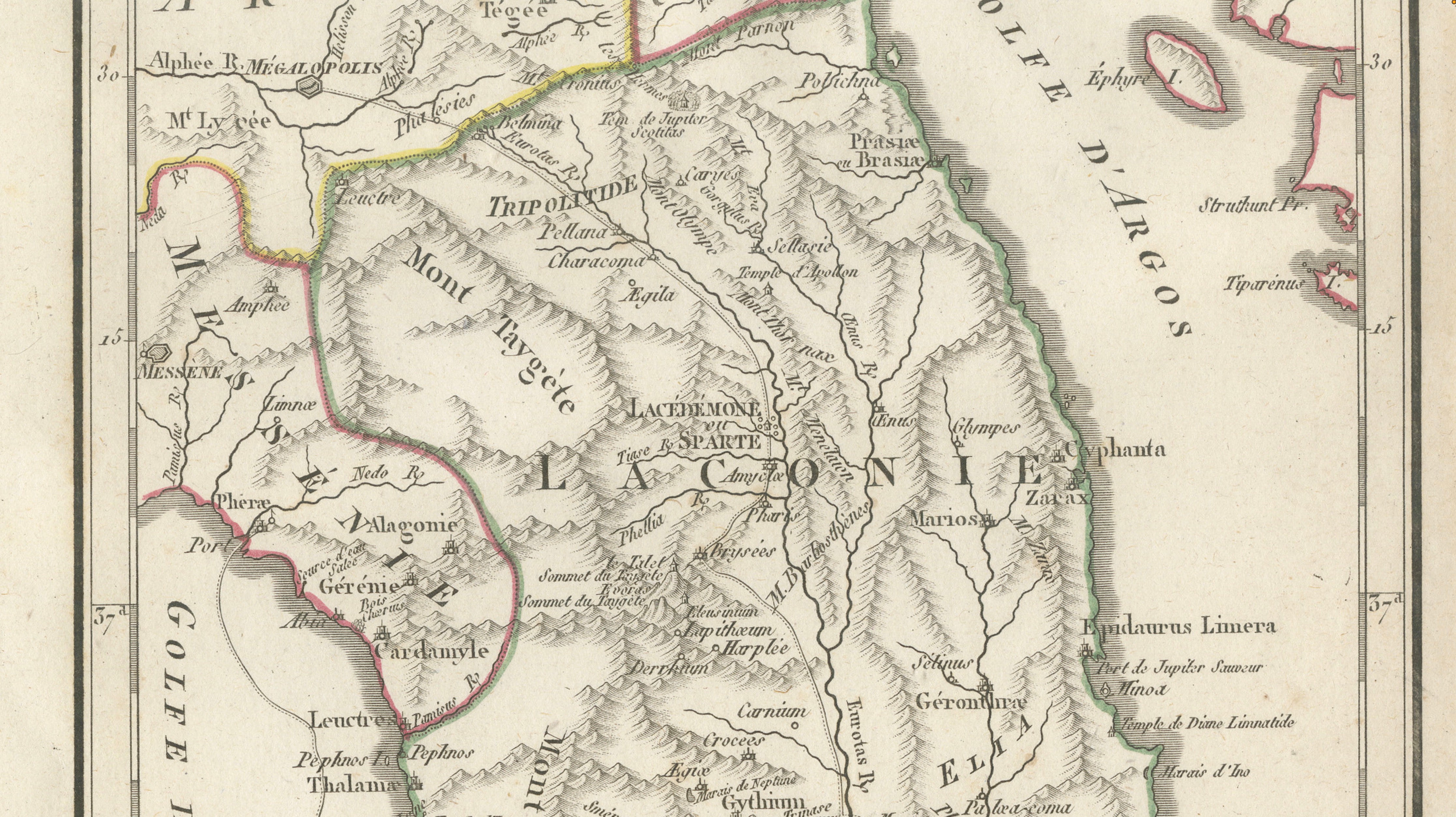 Antique Map of Laconia, Sparta and Cythera by Ambroise Tardieu, 1825
