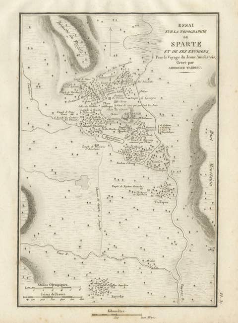 Antique Map of Ancient Sparta and Its Surroundings, Tardieu, 1825