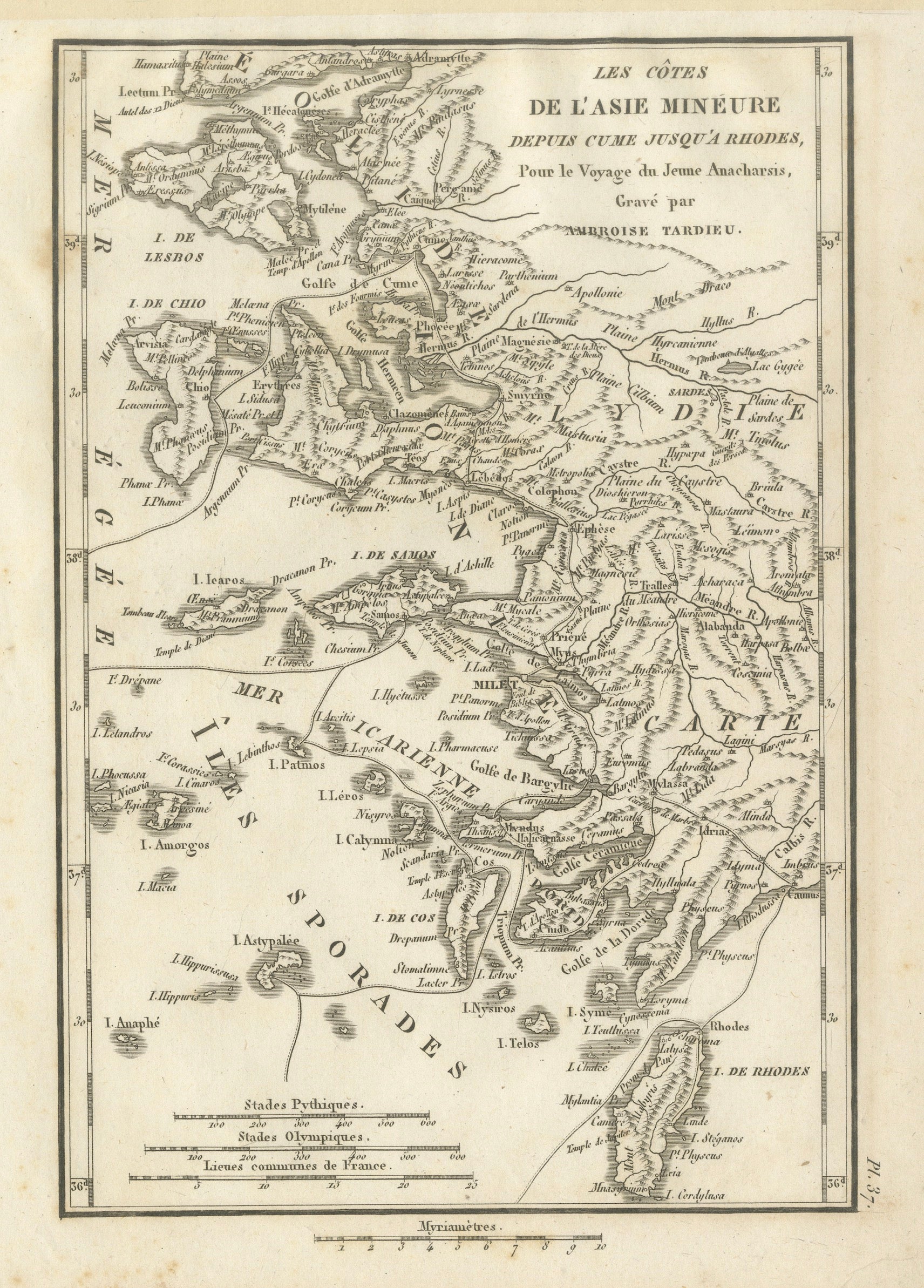 Antique Map of Asia Minor Coast and Greek Islands by Ambroise Tardieu, 1825