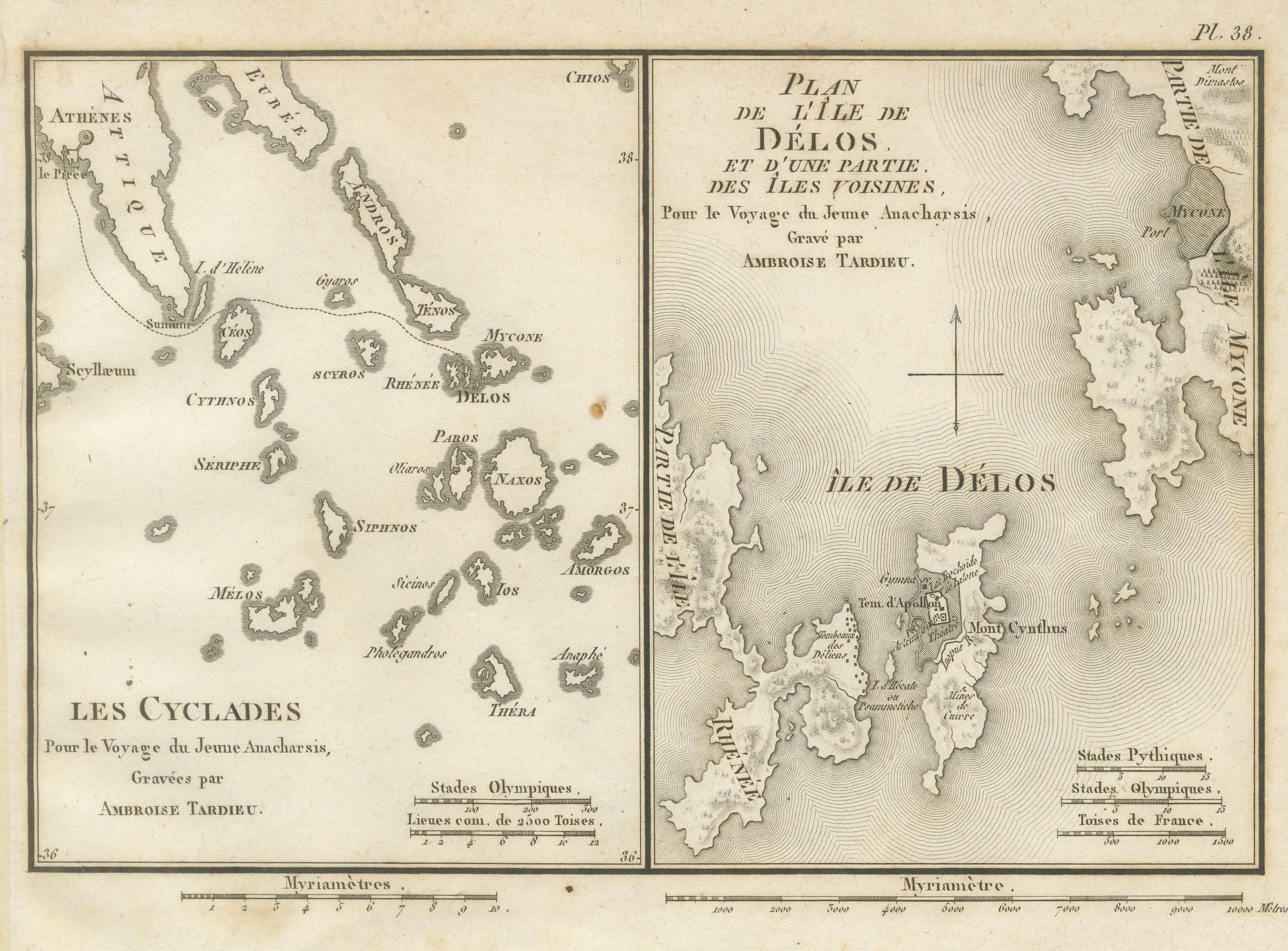 Antique Maps of the Cyclades and Delos by Ambroise Tardieu, 1825