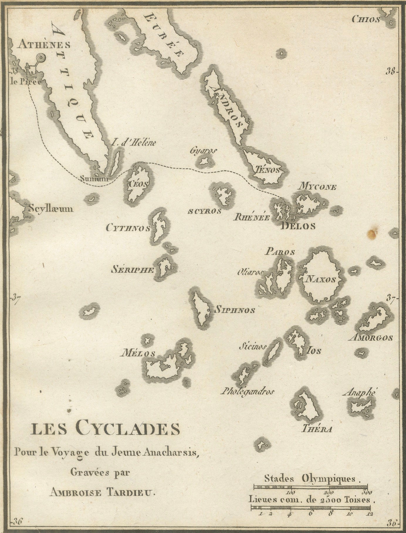 Antique Maps of the Cyclades and Delos by Ambroise Tardieu, 1825