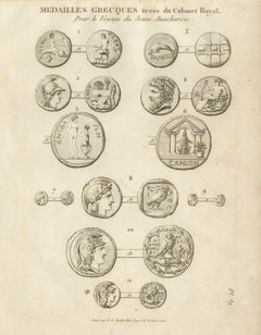 Antiker Stich mit Darstellungen antiker griechischer Münzen und Medaillen, Tardieu, 1825