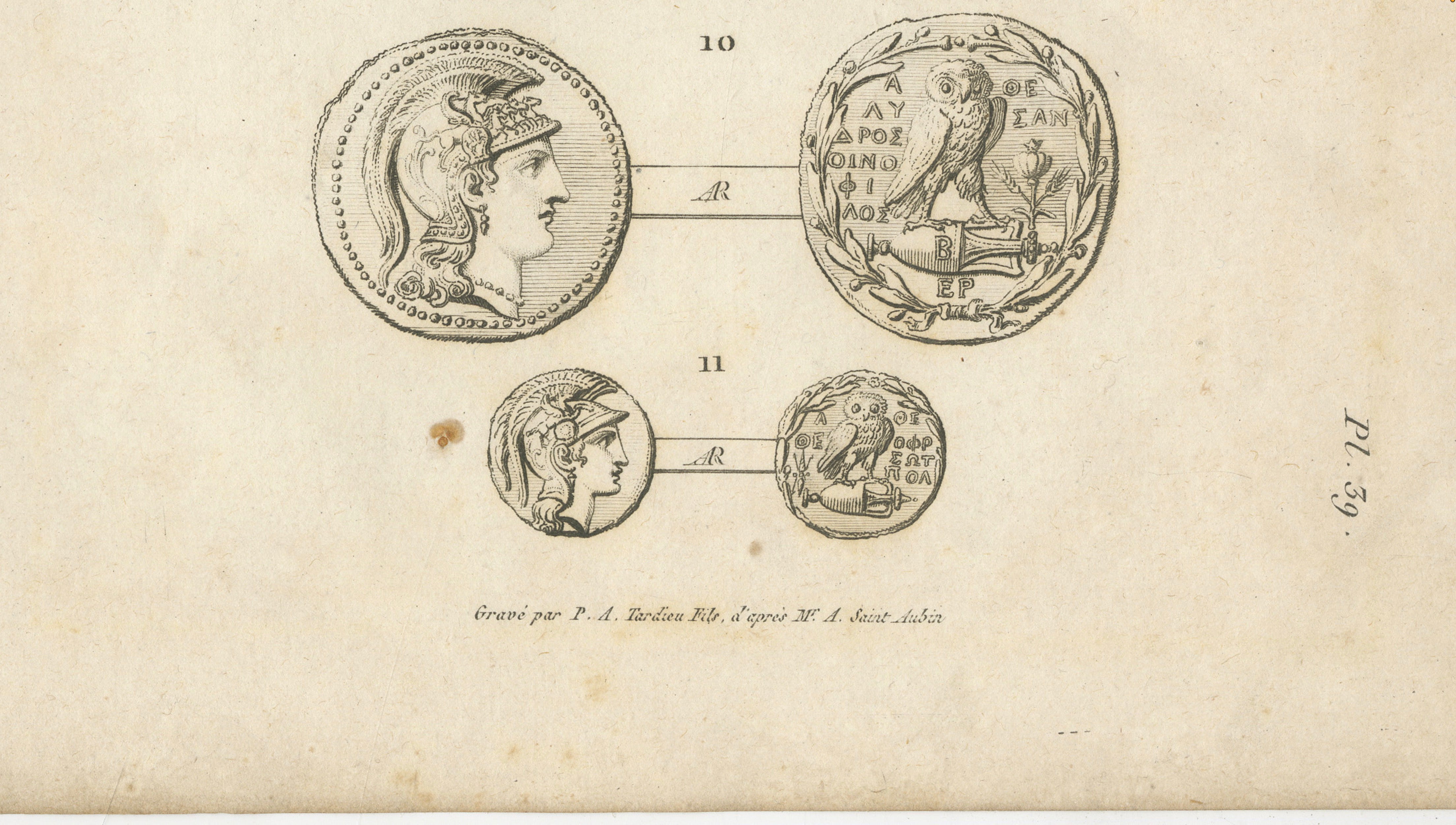 Antique Print of Ancient Greek Coins and Medals, Tardieu, 1825