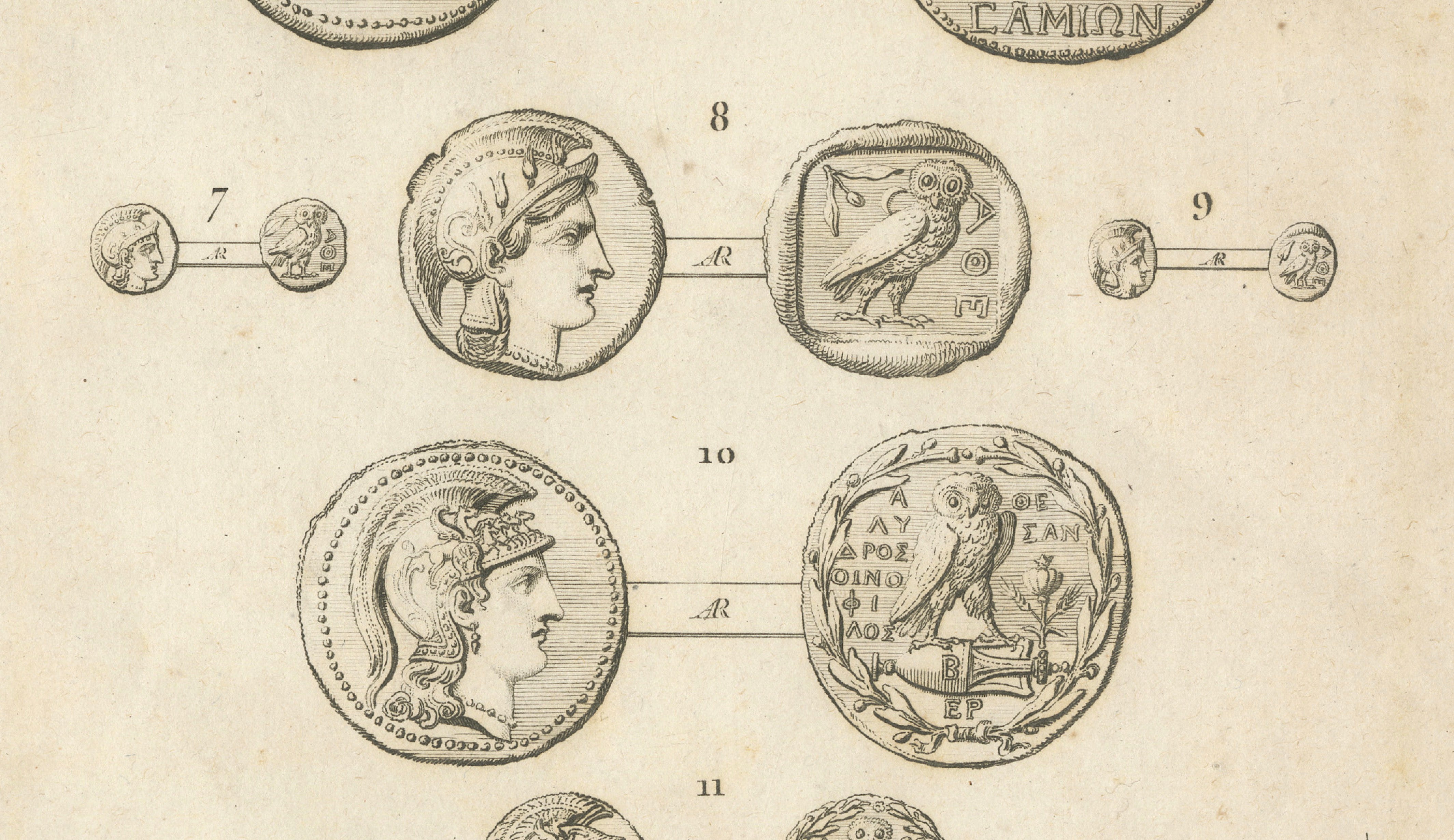 Antique Print of Ancient Greek Coins and Medals, Tardieu, 1825