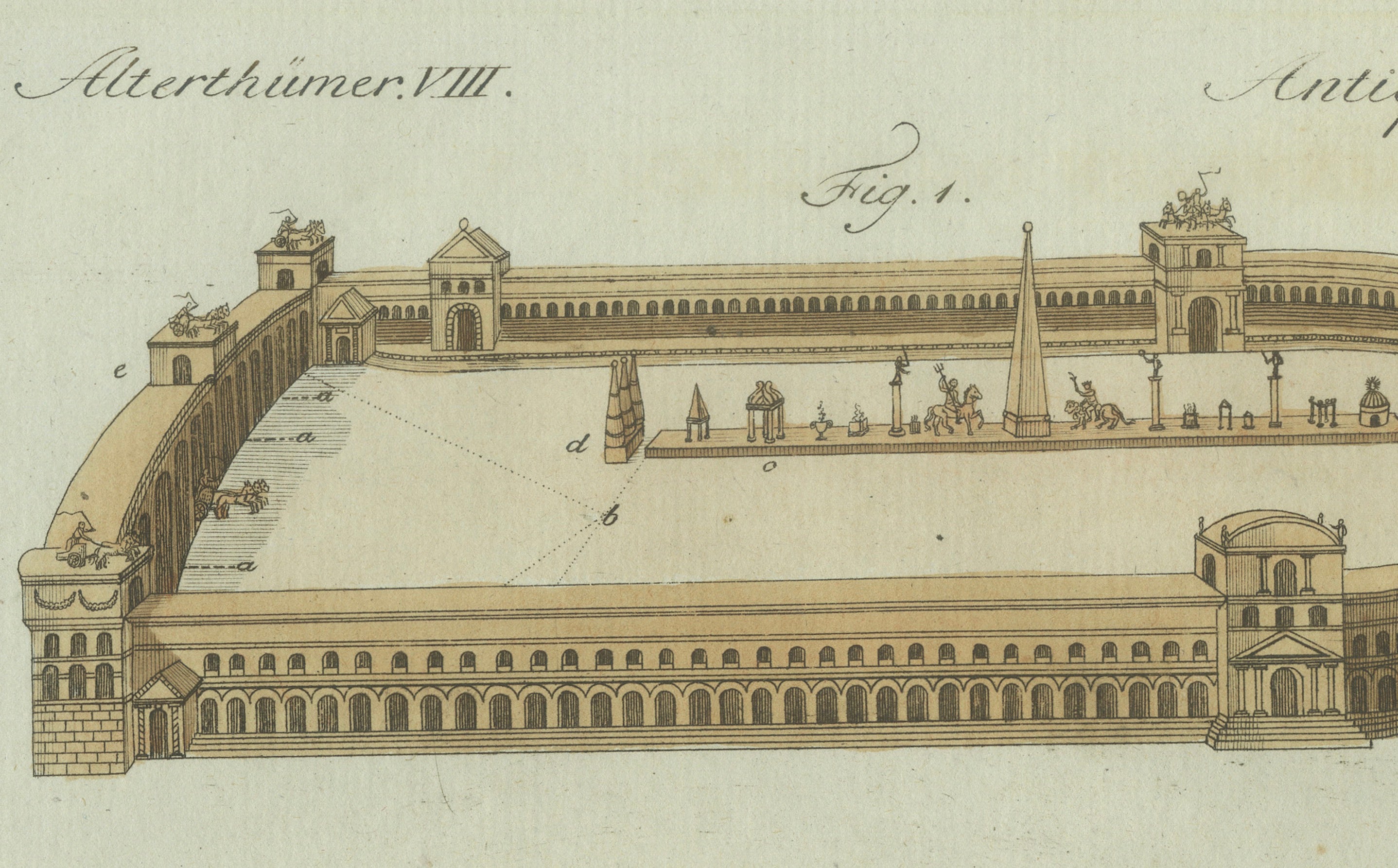 Original Antique Print of Roman Chariot Racing and Circus Maximus, c.1800