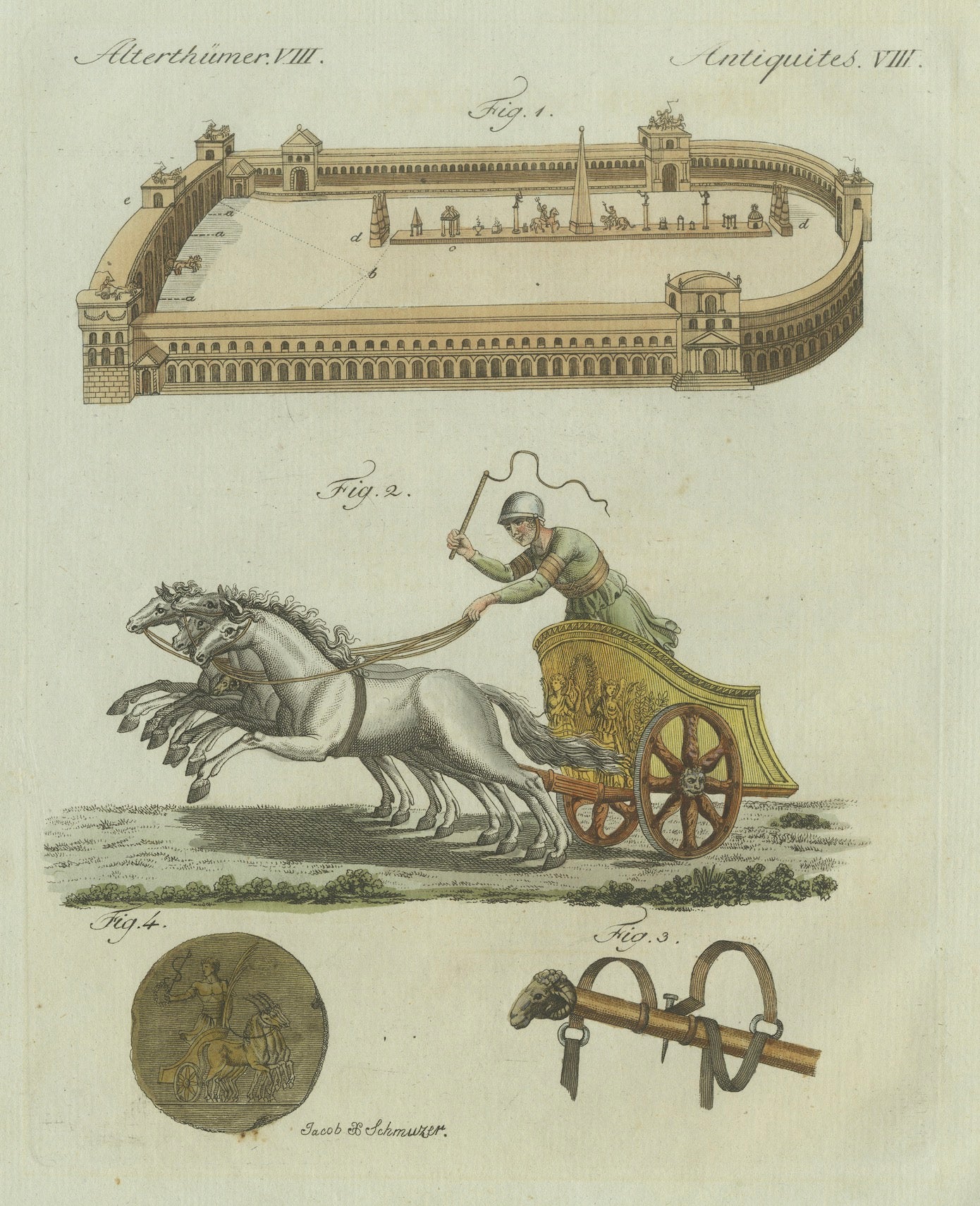 Original Antique Print of Roman Chariot Racing and Circus Maximus, c.1800