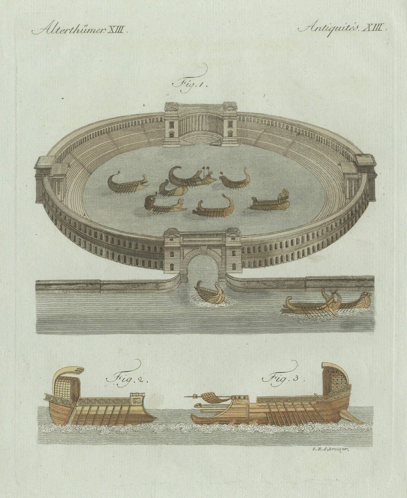 Original Antique Print of Roman Naval Battles and Warships by Bertuch, c. 1800