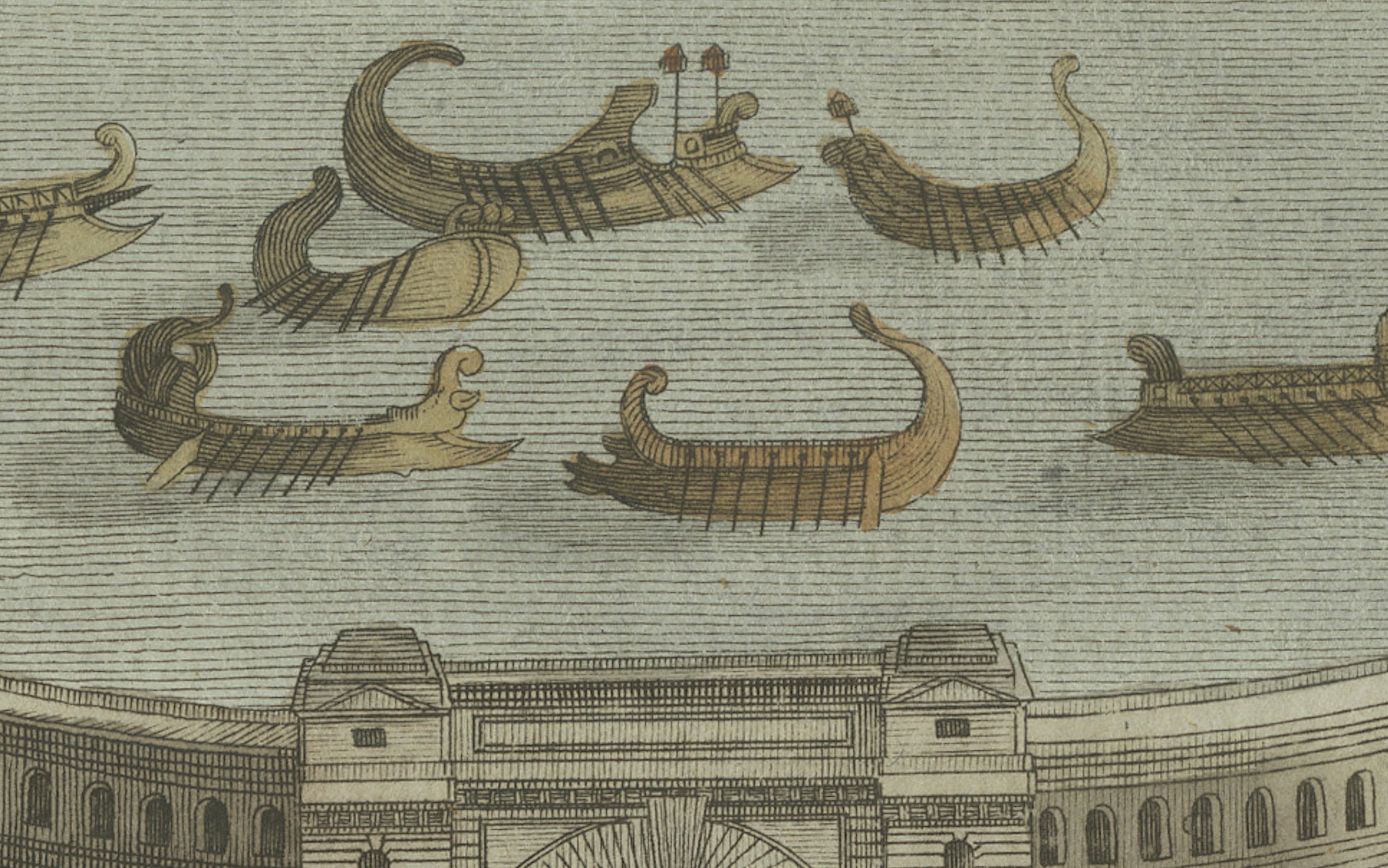 Original Antique Print of Roman Naval Battles and Warships by Bertuch, c. 1800
