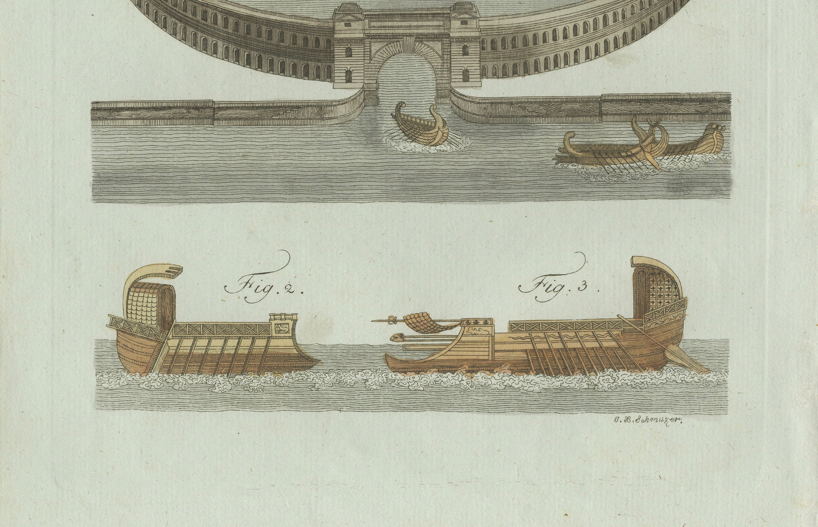 Original Antique Print of Roman Naval Battles and Warships by Bertuch, c. 1800