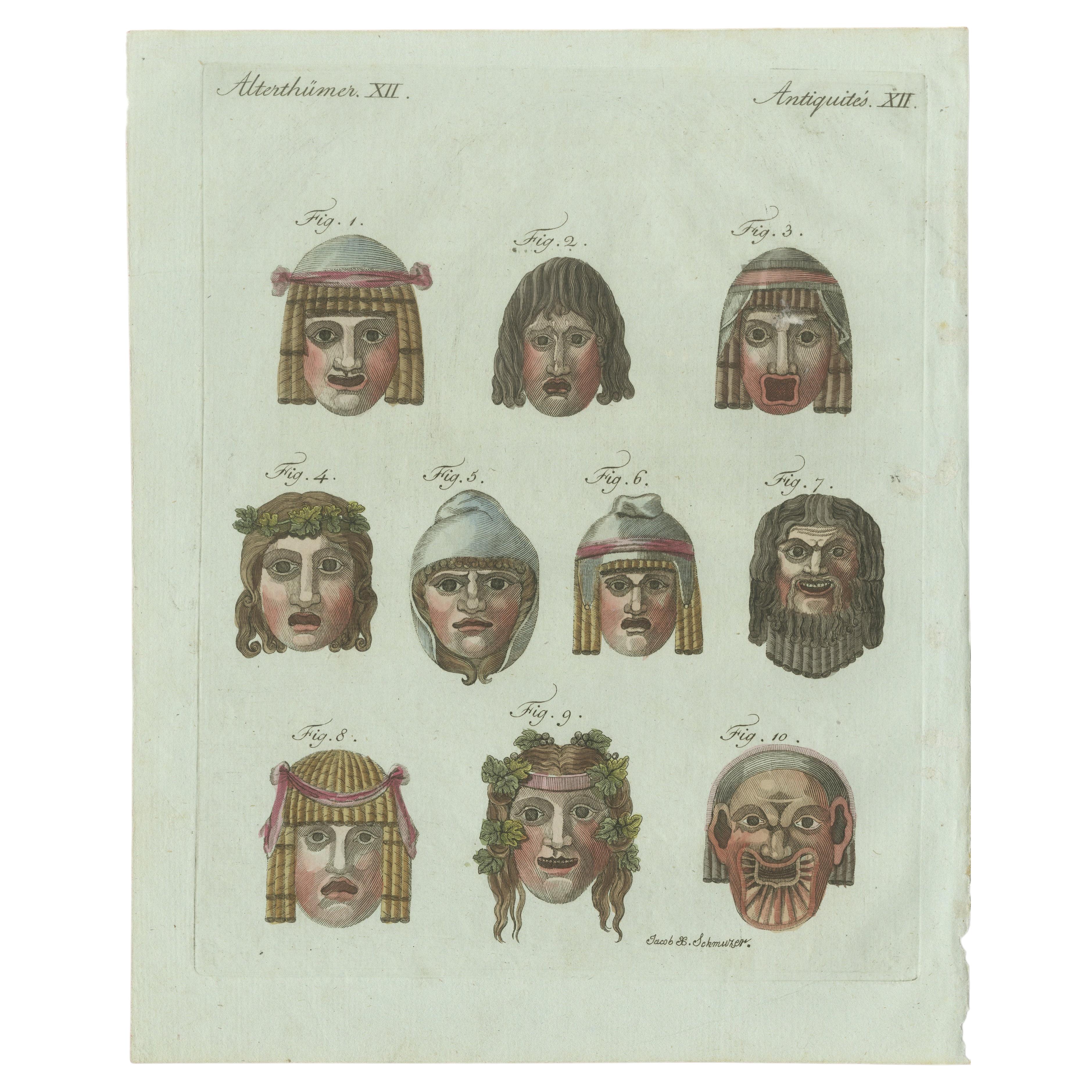 Original Antique Print of Ancient Greek and Roman Theatre Masks by Bertuch, 1802 For Sale