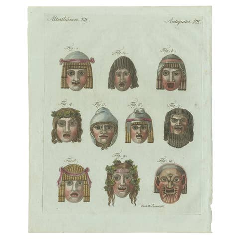 Original Antique Print of Ancient Greek and Roman Theatre Masks by Bertuch, 1802