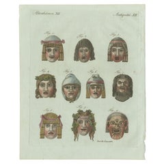 Original Antique Print of Ancient Greek and Roman Theatre Masks by Bertuch, 1802