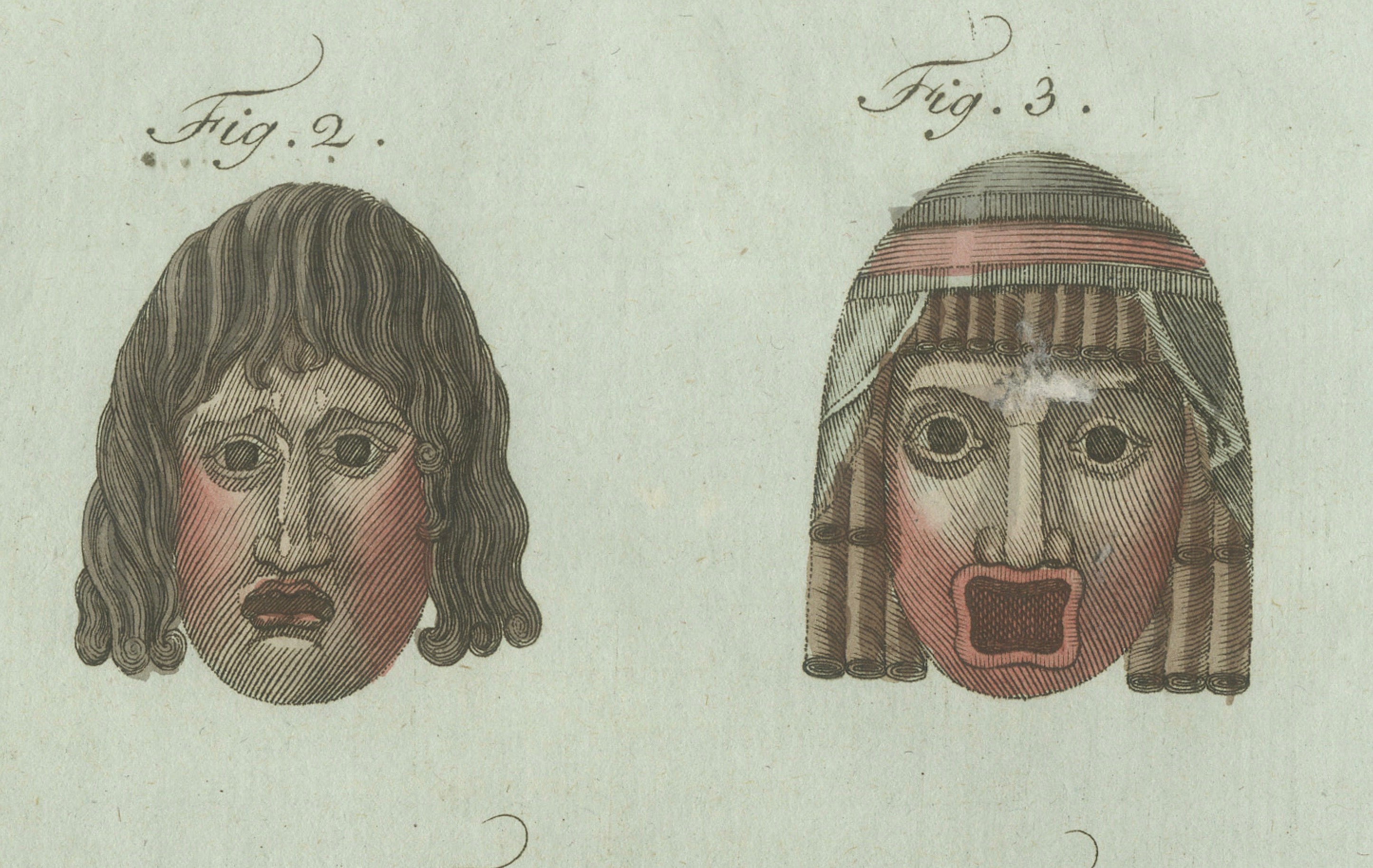 Original Antique Print of Ancient Greek and Roman Theatre Masks by Bertuch, 1802