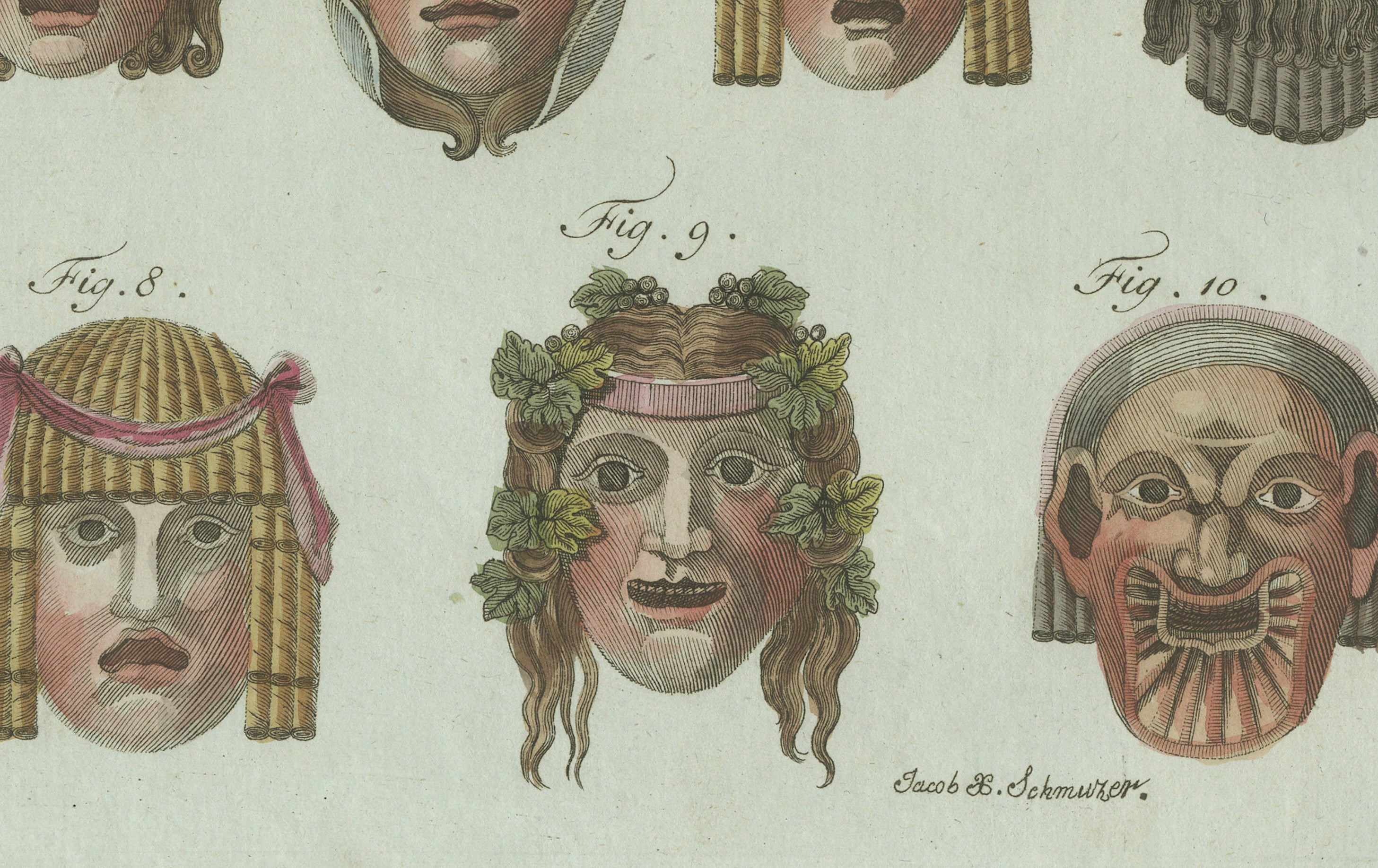 Original Antique Print of Ancient Greek and Roman Theatre Masks by Bertuch, 1802