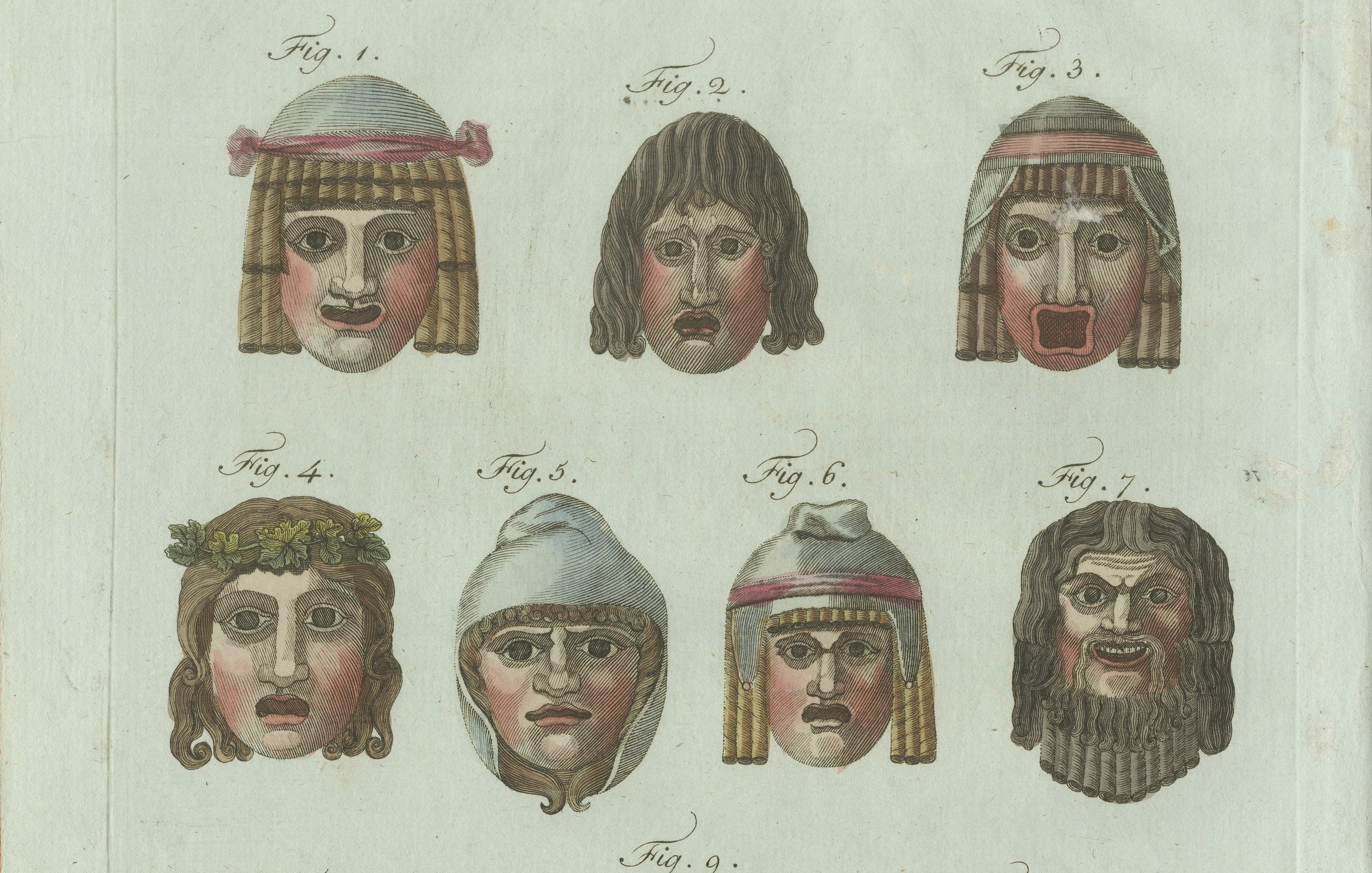 Original Antique Print of Ancient Greek and Roman Theatre Masks by Bertuch, 1802