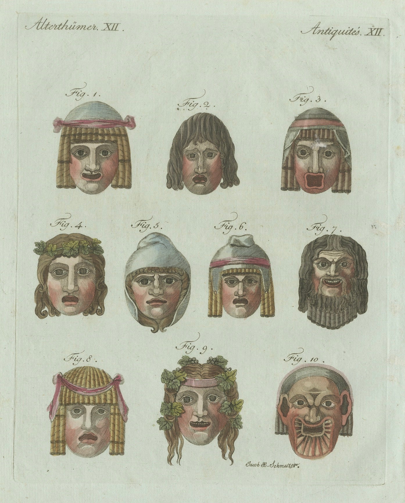 Original Antique Print of Ancient Greek and Roman Theatre Masks by Bertuch, 1802