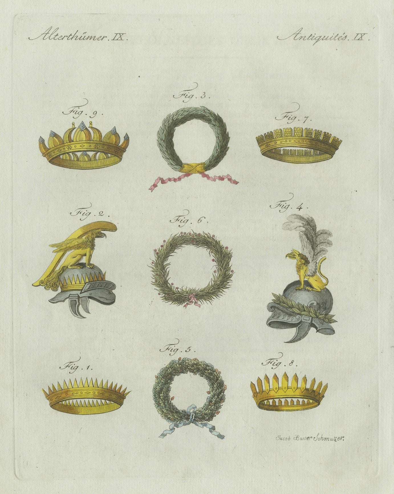 Original Antique Print of Ancient Crowns and Laurel Wreaths by Bertuch, c. 1800