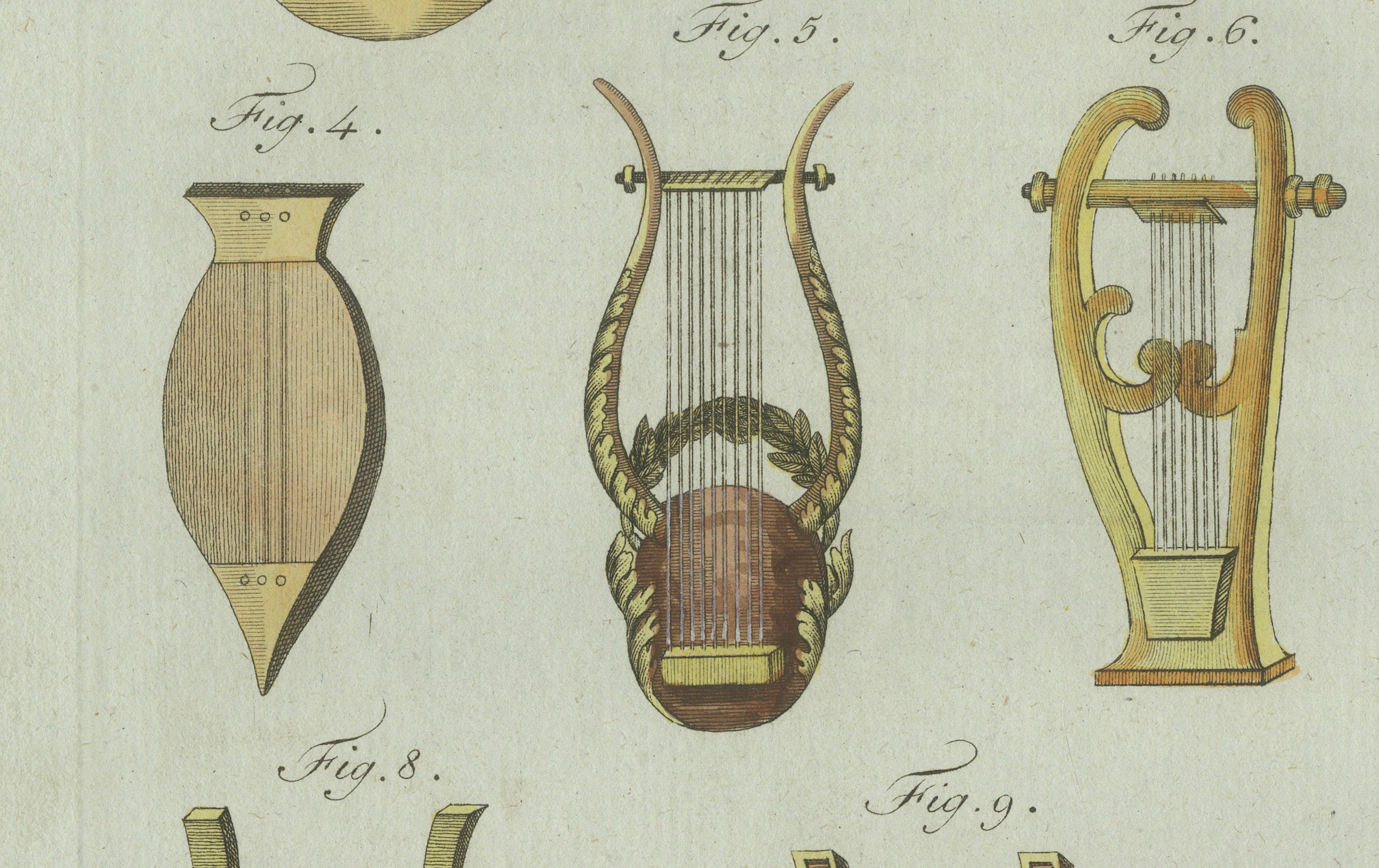 Original Antique Print of Ancient Greek and Roman Lyres by Bertuch, 1802