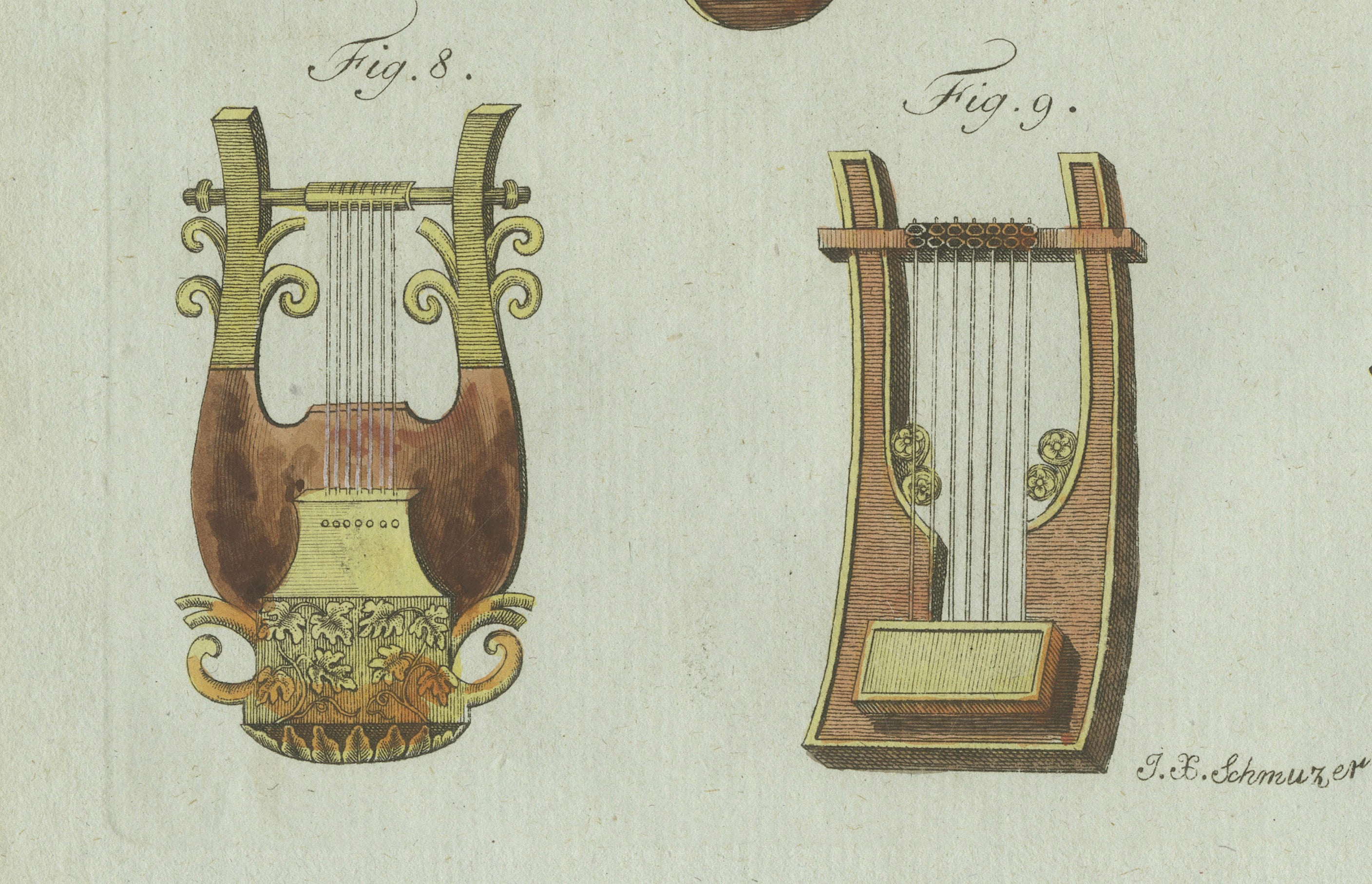 Original Antique Print of Ancient Greek and Roman Lyres by Bertuch, 1802