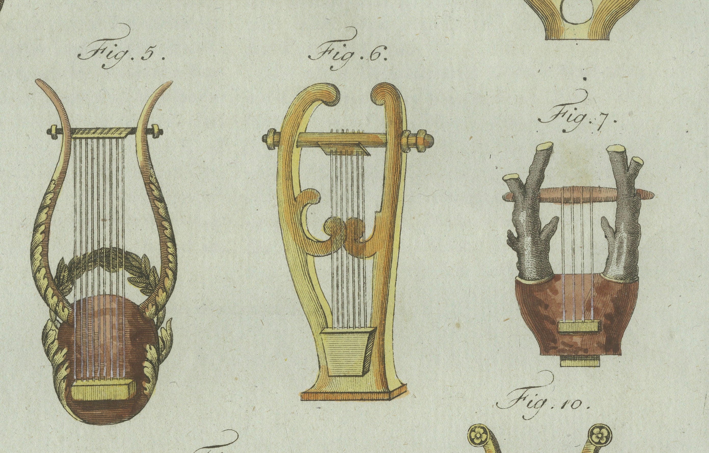 Original Antique Print of Ancient Greek and Roman Lyres by Bertuch, 1802