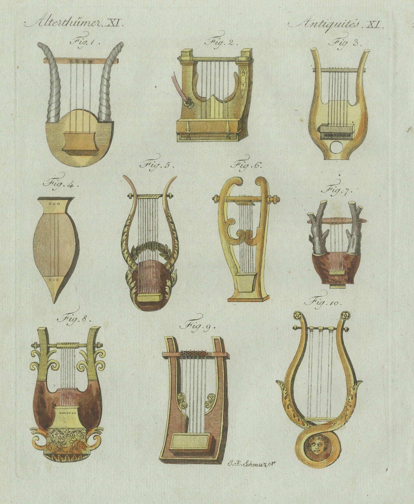 Original Antique Print of Ancient Greek and Roman Lyres by Bertuch, 1802