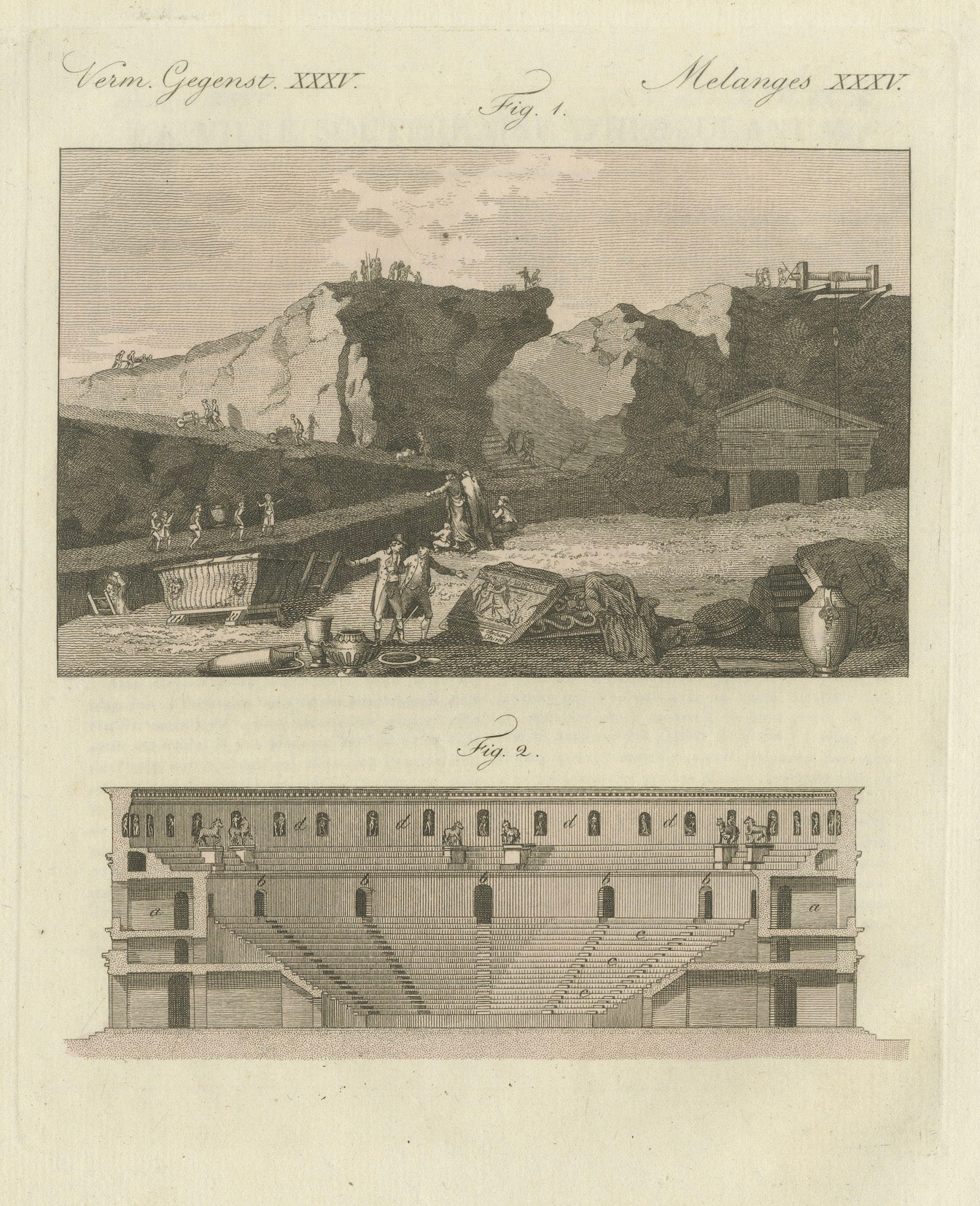 Original Antique Print of an Ancient Theatre and Archaeological Excavation, 1800