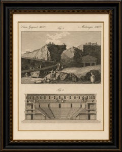 Gravure ancienne originale représentant un théâtre antique et des fouilles archéologiques, 1800