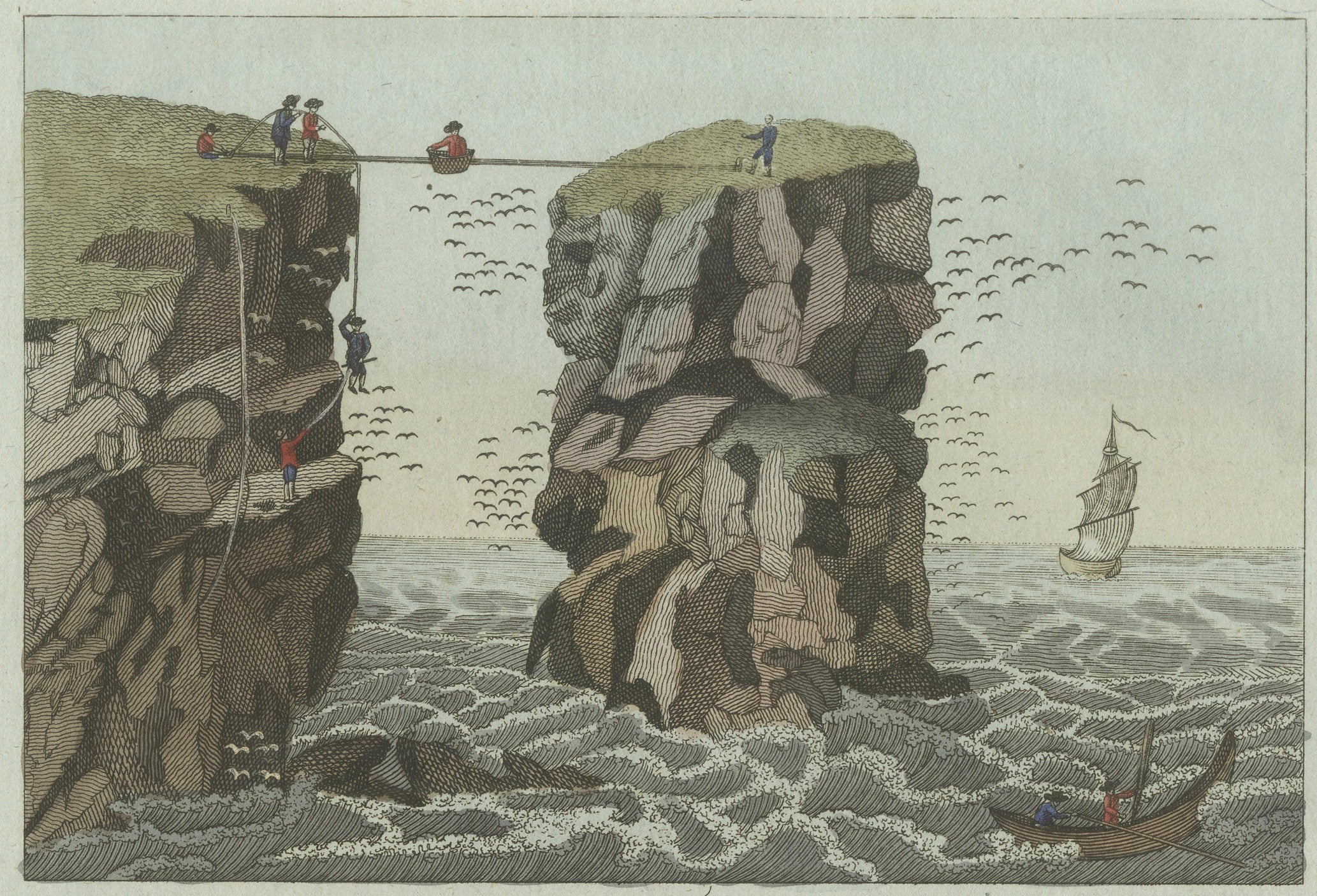 Original Antique Print of Iceland Geyser, Hekla and Orkney Bird Catchers, 1802
