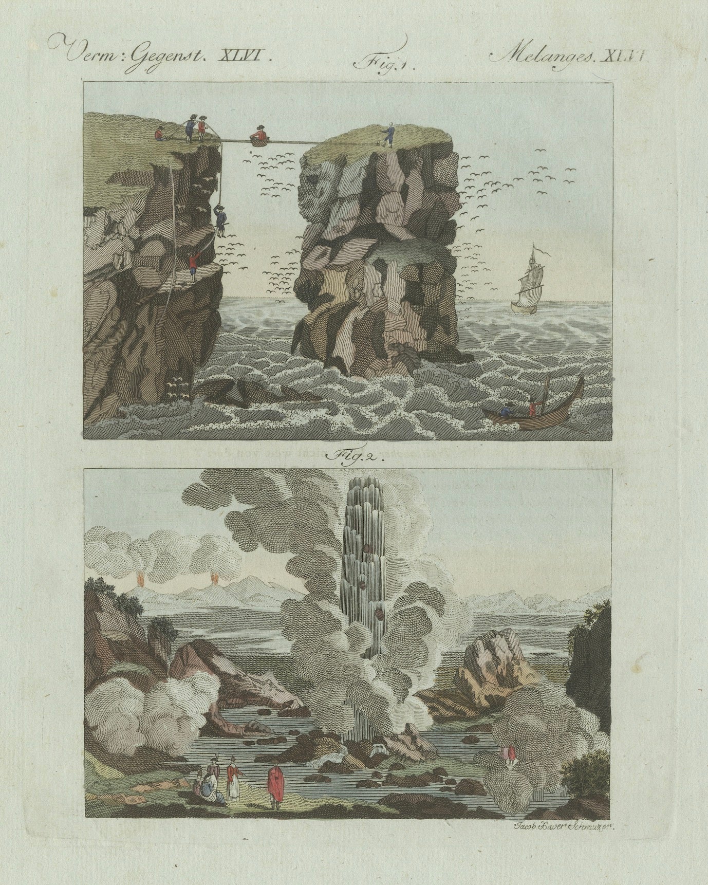 Original Antique Print of Iceland Geyser, Hekla and Orkney Bird Catchers, 1802