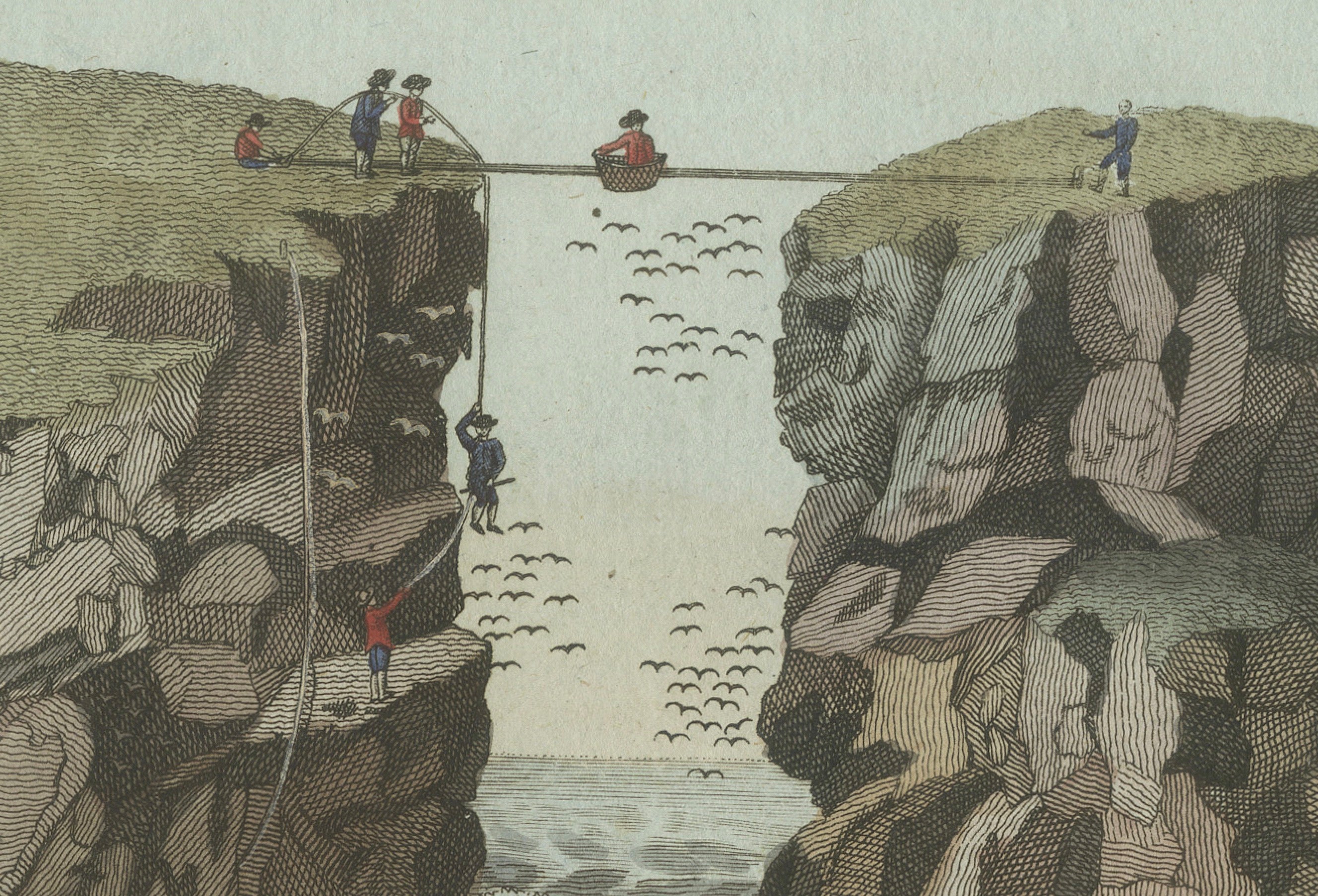 Original Antique Print of Iceland Geyser, Hekla and Orkney Bird Catchers, 1802