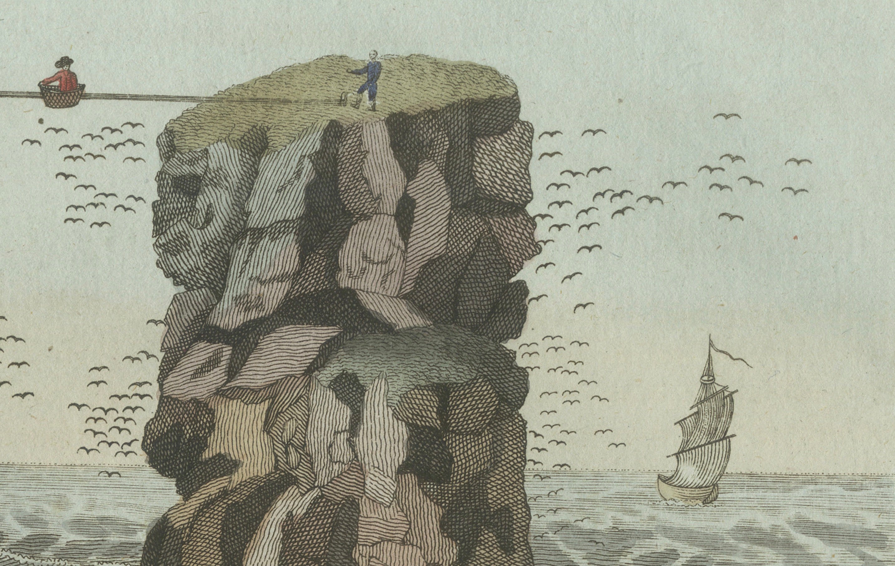 Original Antique Print of Iceland Geyser, Hekla and Orkney Bird Catchers, 1802